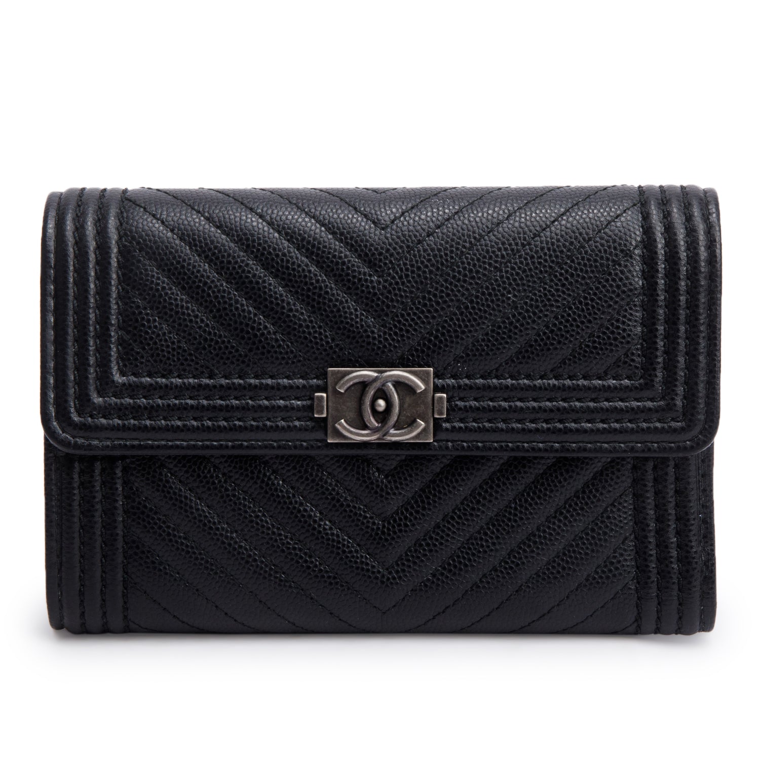 Chanel Black Chevron Caviar Leather Medium Boy Flap Wallet w/ Box & Authenticity Card