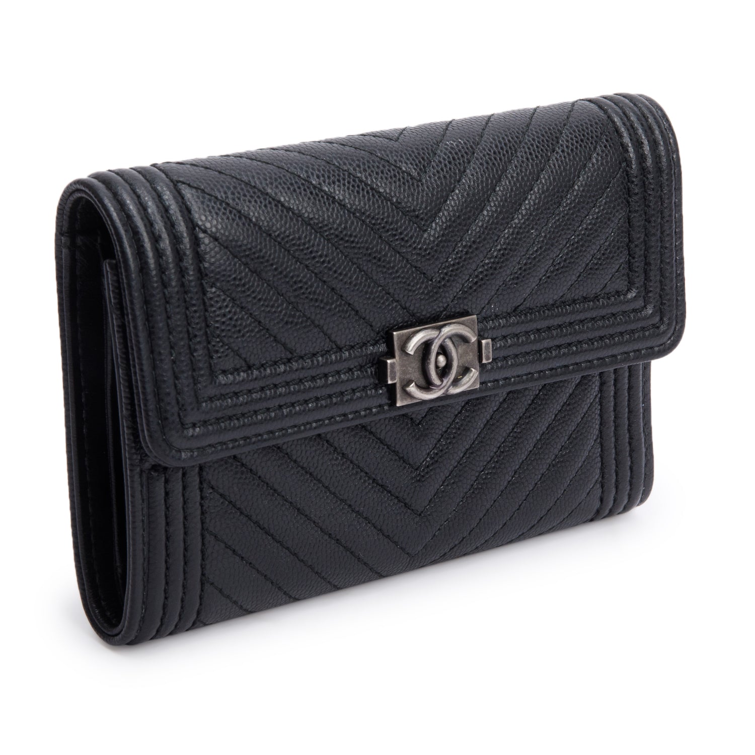 Chanel Black Chevron Caviar Leather Medium Boy Flap Wallet w/ Box & Authenticity Card