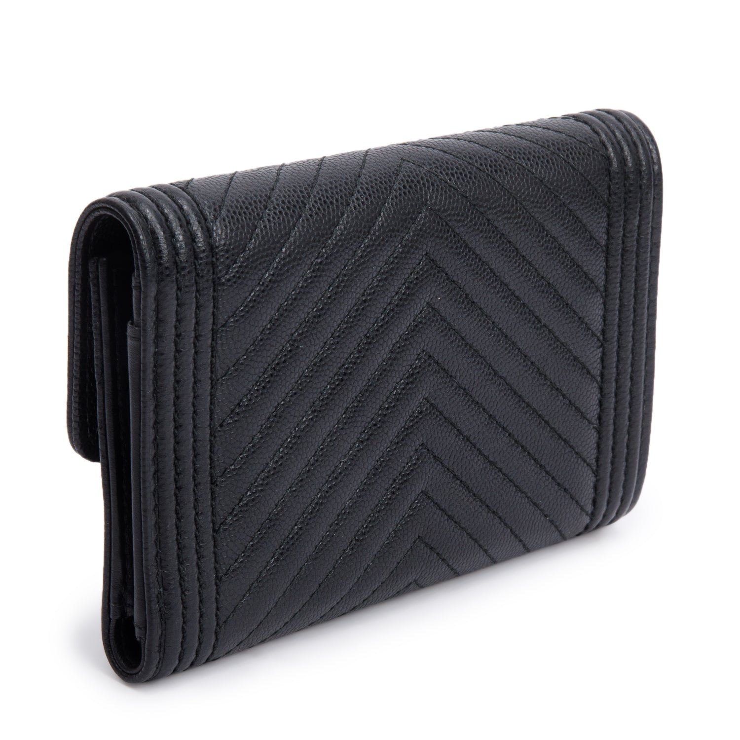 Chanel Black Chevron Caviar Leather Medium Boy Flap Wallet w/ Box & Authenticity Card