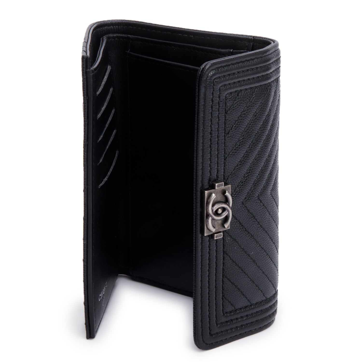 Chanel Black Chevron Caviar Leather Medium Boy Flap Wallet w/ Box & Authenticity Card
