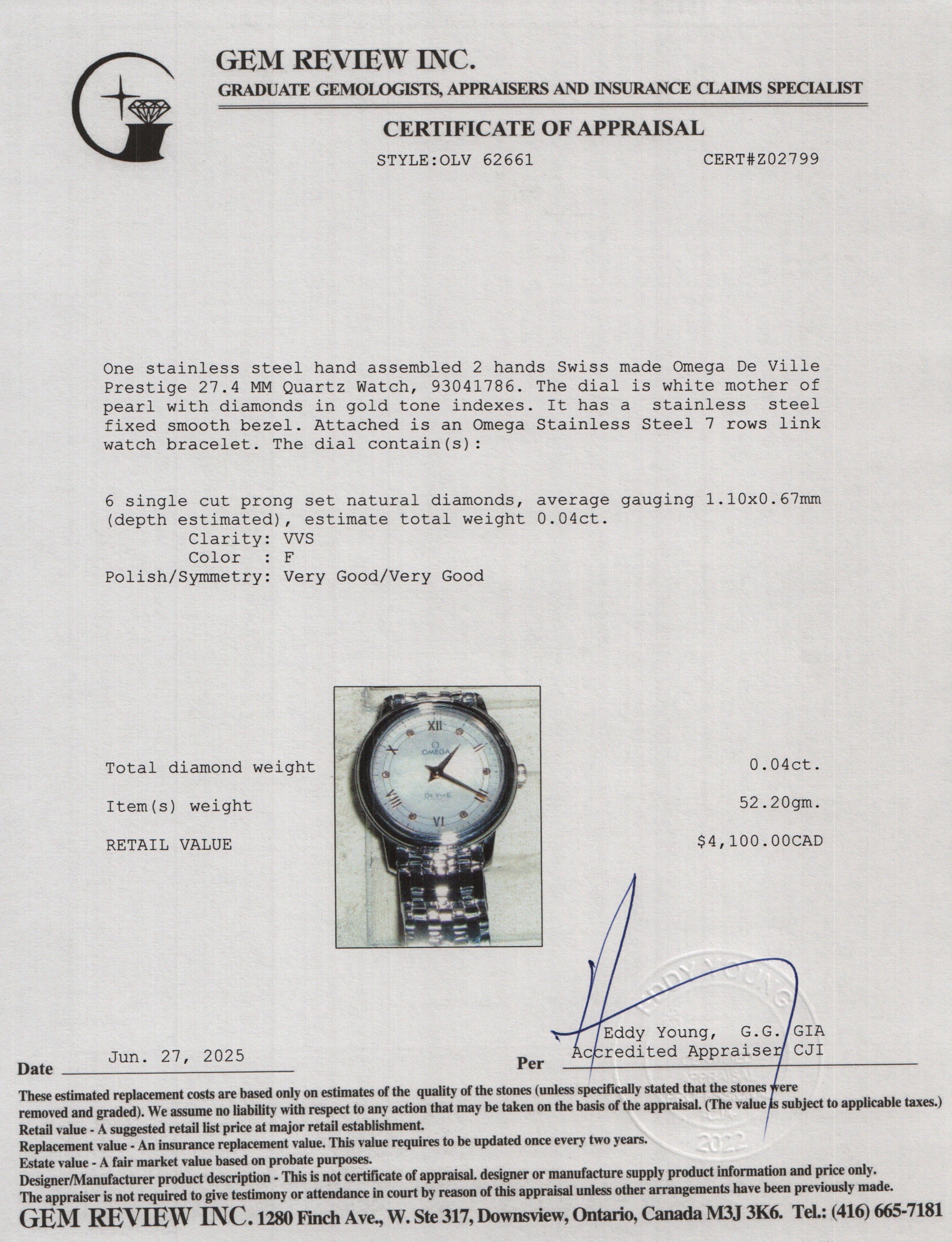 Omega Stainless Steel De Ville Prestige 27.4 MM Quartz Watch Mother of Pearl Diamond Dial w/ Box & Papers