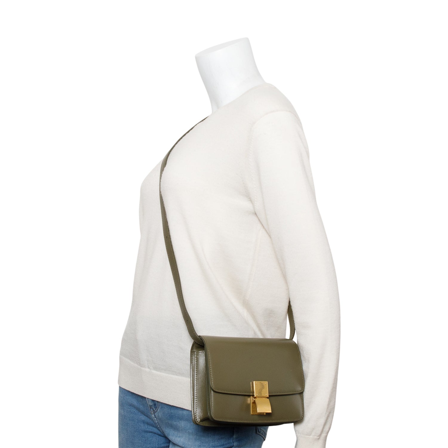 Celine Khaki Smooth Calfskin Small Classic Box Flap Bag