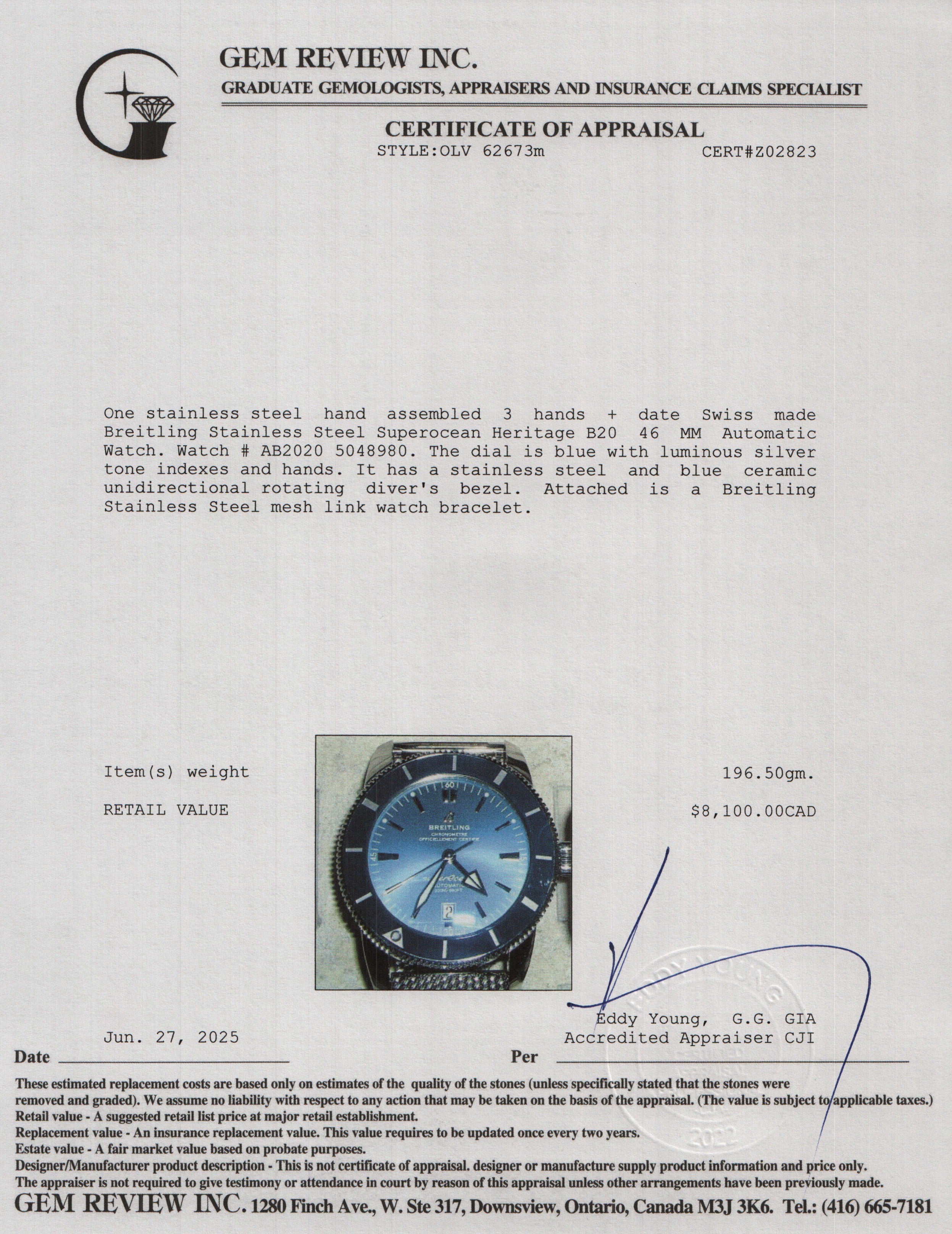 Breitling Stainless Steel Superocean Heritage B20 46 MM Automatic Watch Blue Dial AB2020 w/ Box & Papers