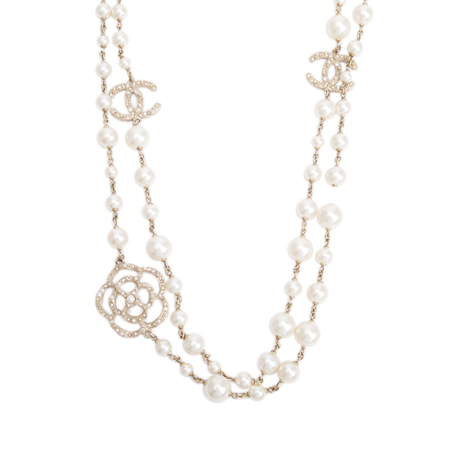 Chanel Gold-Plated Camellia CC Faux Pearl Long Necklace w/ Box