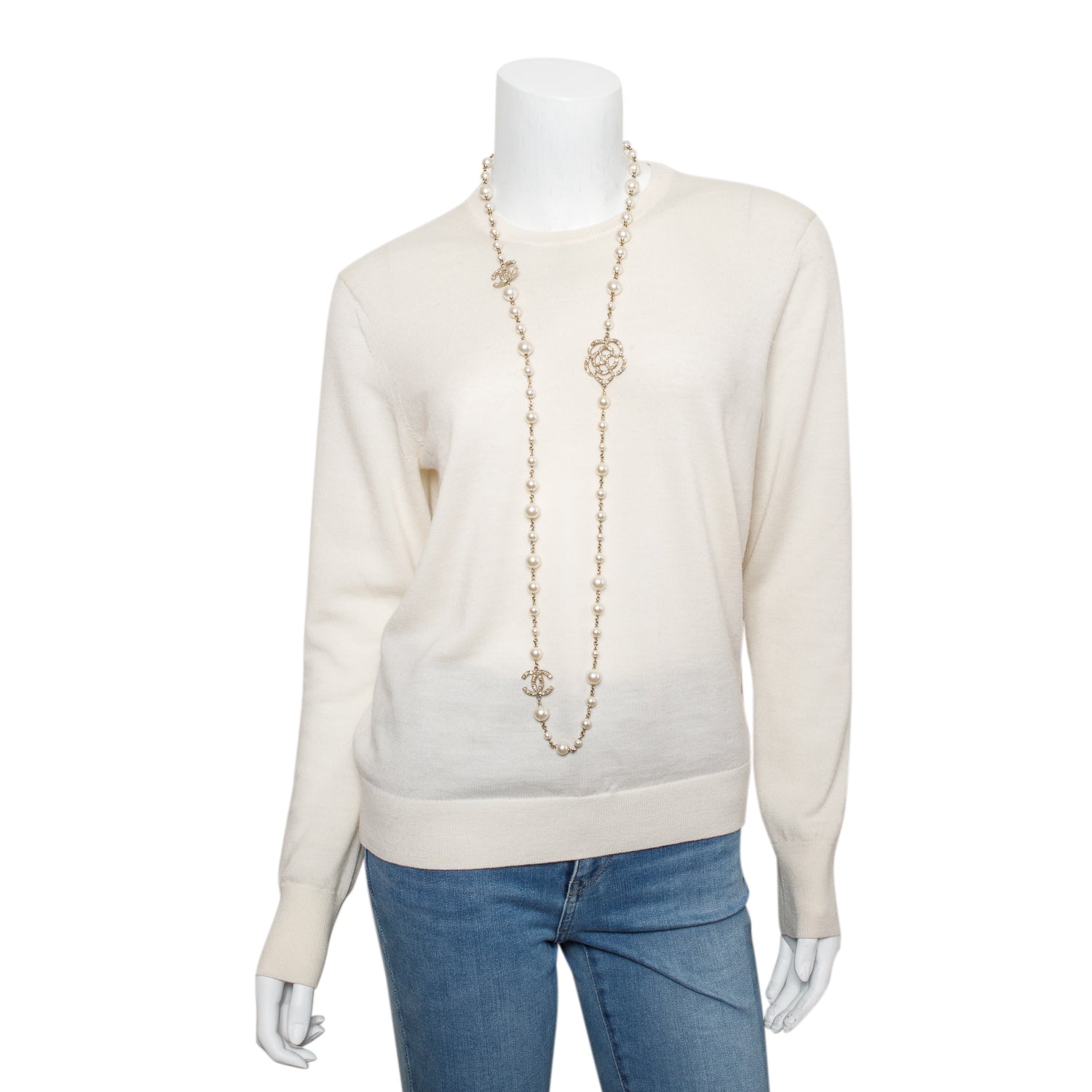 Chanel Gold-Plated Camellia CC Faux Pearl Long Necklace w/ Box