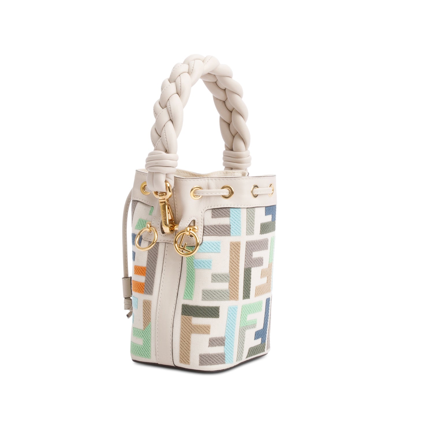 Fendi White/Multicolor FF Embroidered Canvas F is Fendi Mini Mon Tresor Bucket Bag