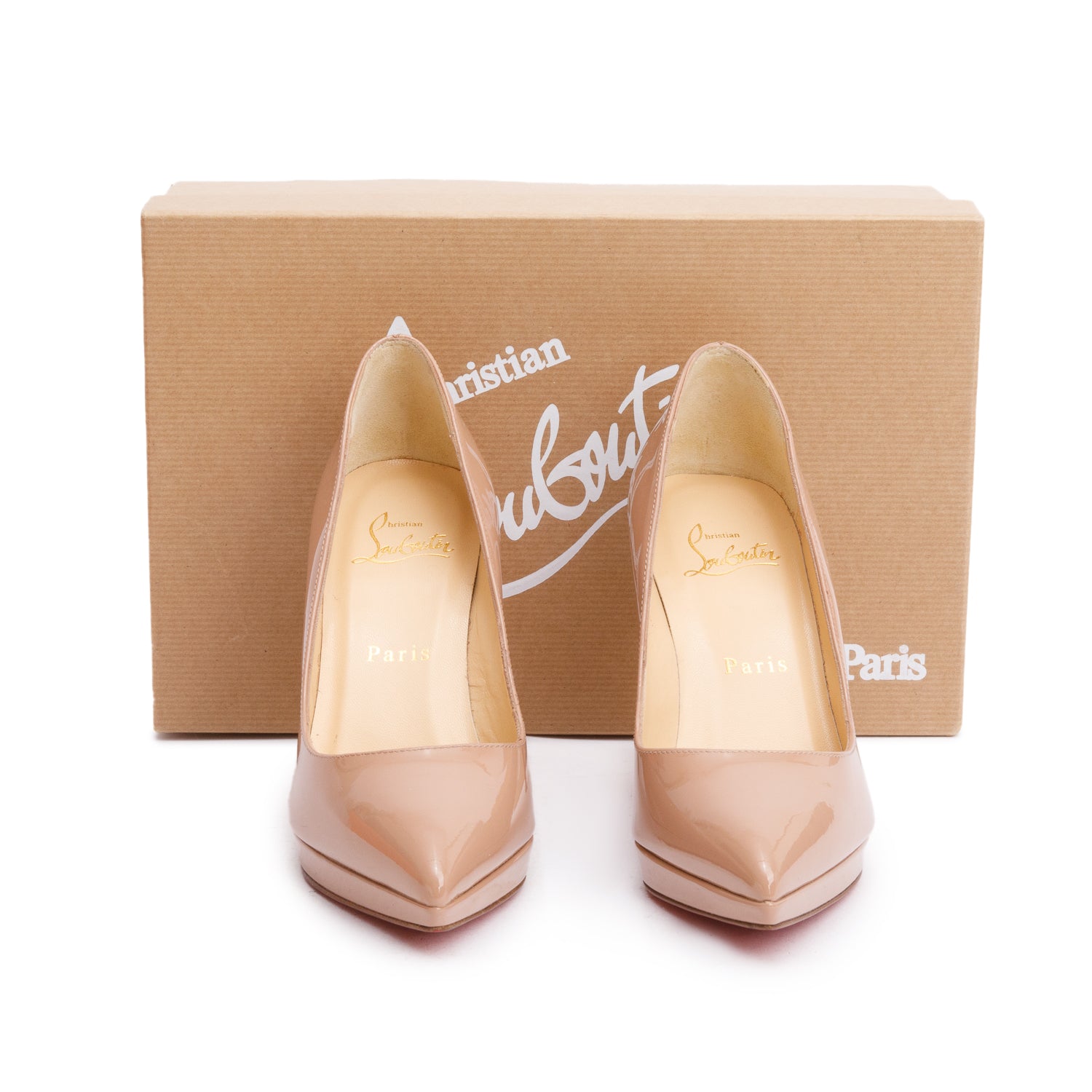Christian Louboutin Nude Patent Leather Pigalle Plato 100 Pumps, Size 35 w/ Box