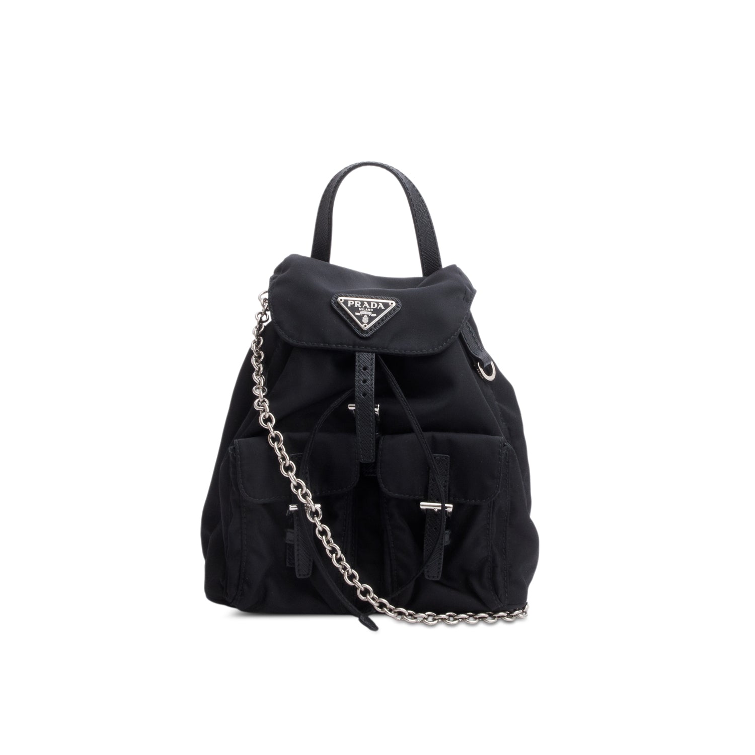 Prada Black Tessuto Nylon & Saffiano Leather Mini Double Pocket Chain Shoulder Bag