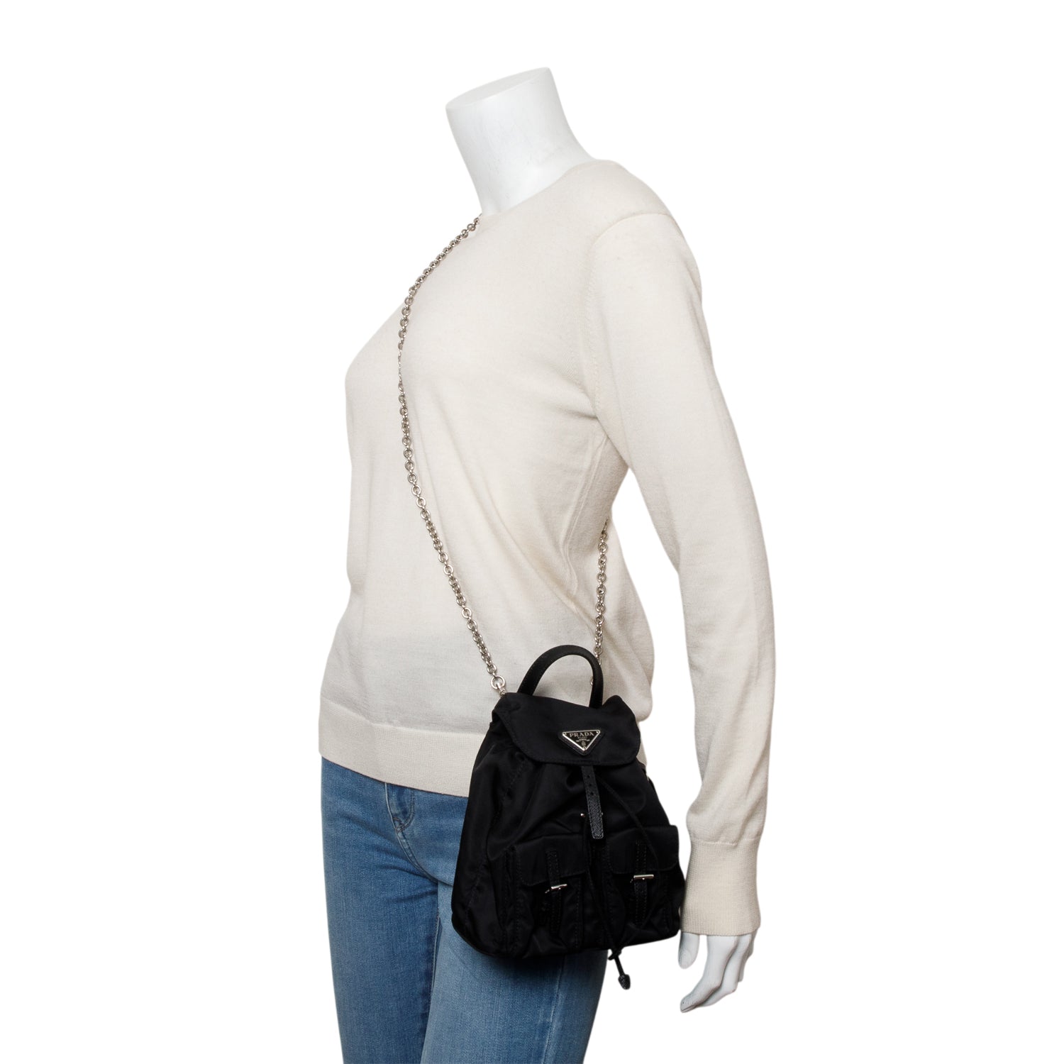 Prada Black Tessuto Nylon & Saffiano Leather Mini Double Pocket Chain Shoulder Bag