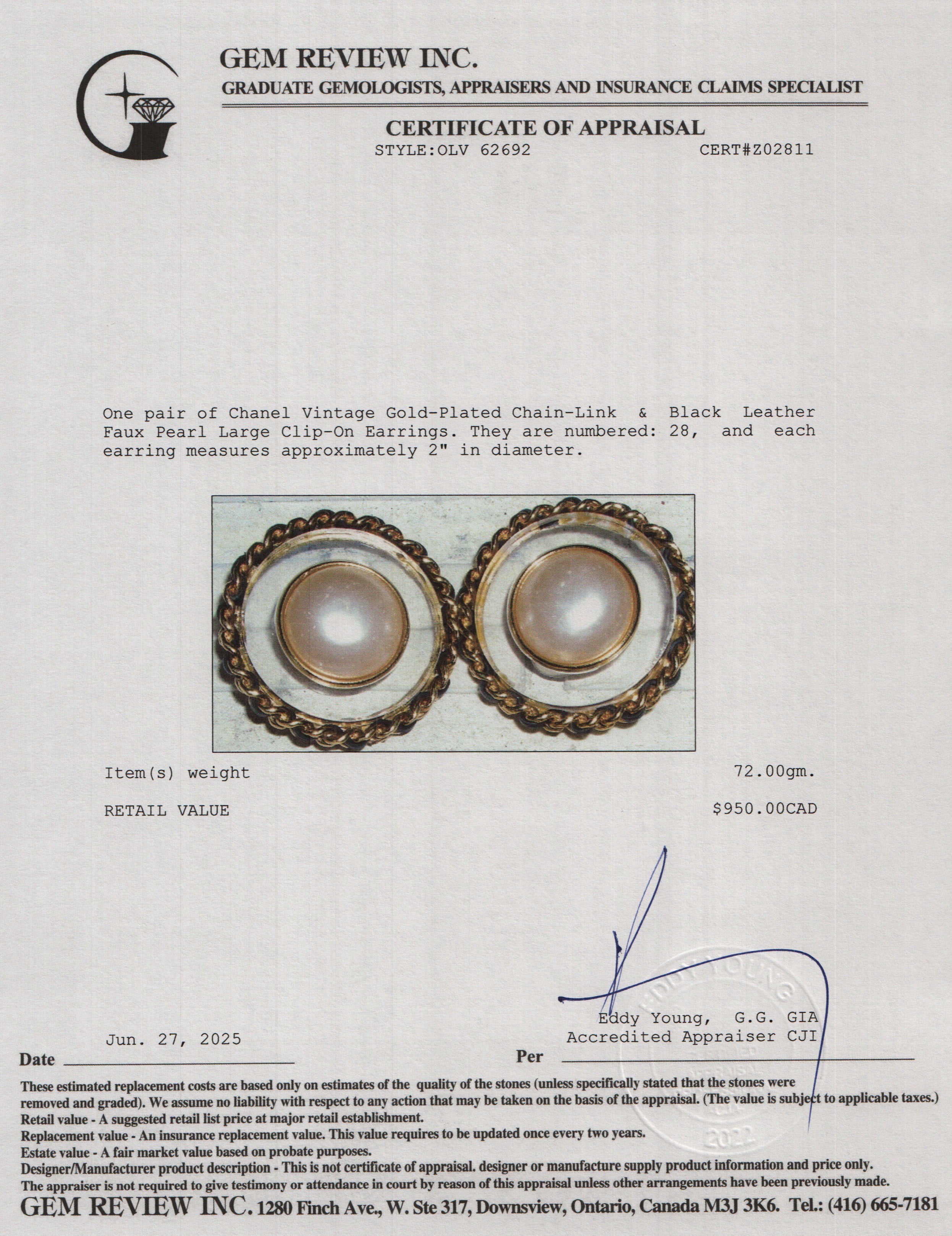 Chanel Vintage Gold-Plated Chain-Link & Black Leather Faux Pearl Large Clip-On Earrings