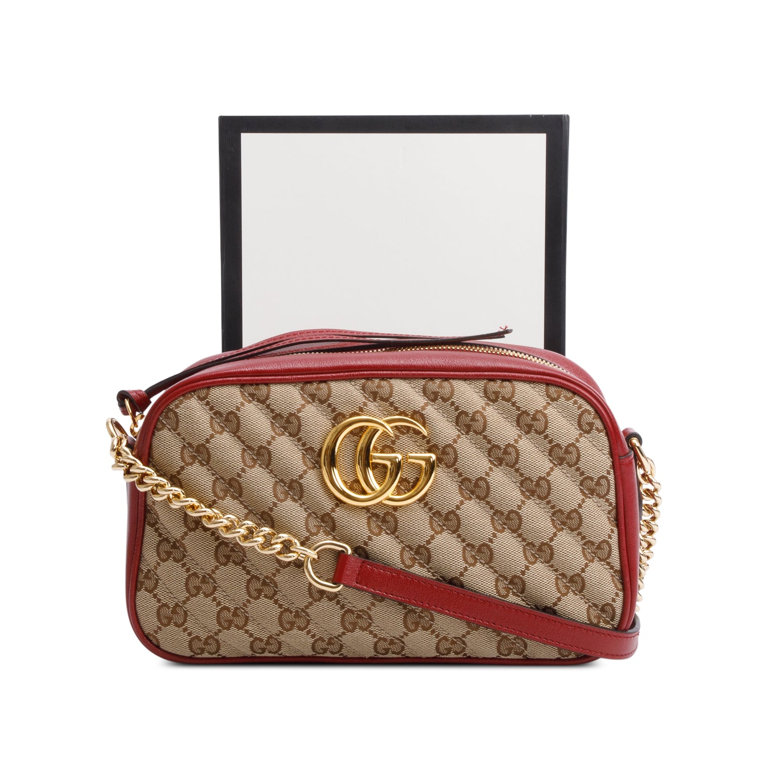 Gucci Red Leather Trim GG Canvas Marmont Matelasse Small Shoulder Bag w/ Box