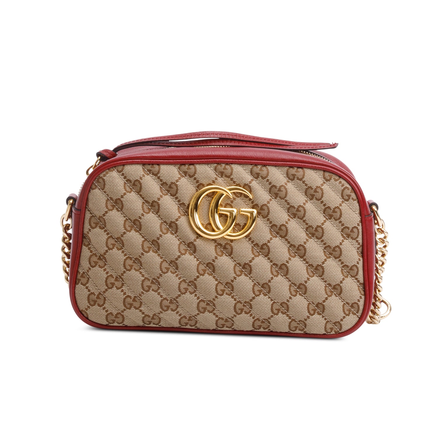 Gucci Red Leather Trim GG Canvas Marmont Matelasse Small Shoulder Bag w/ Box