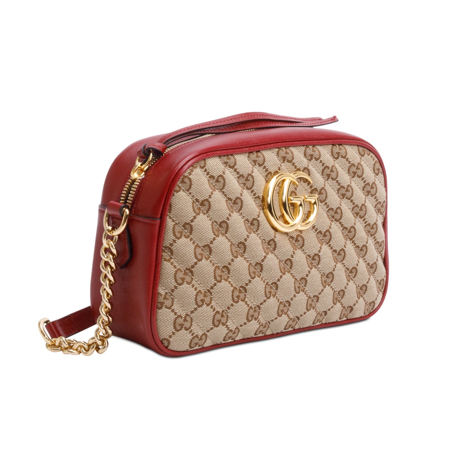 Gucci Red Leather Trim GG Canvas Marmont Matelasse Small Shoulder Bag w/ Box