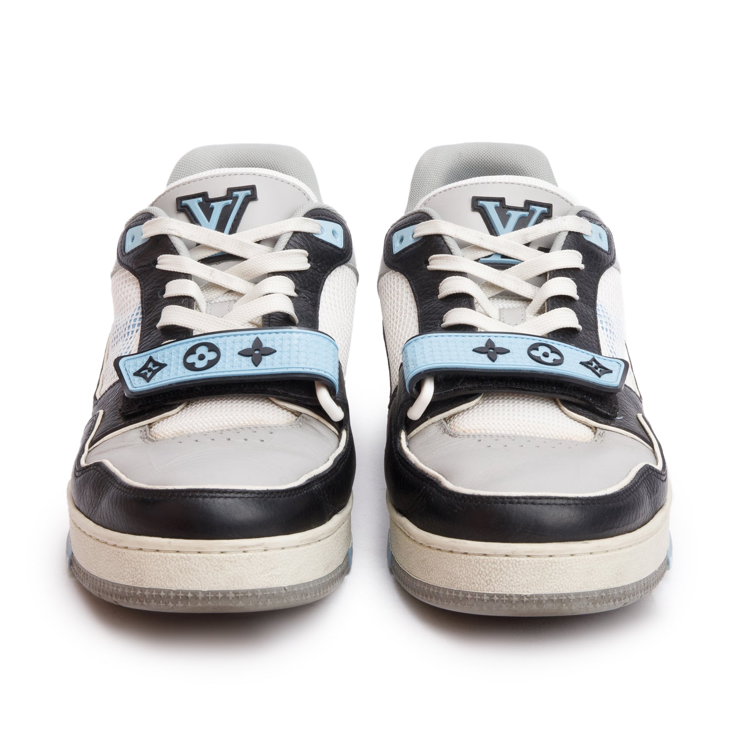Louis Vuitton 2023 Blue Monogram Velcro Black/Grey Calfskin Leather Trainer Sneakers, Me's Size 7.5 w/ Box