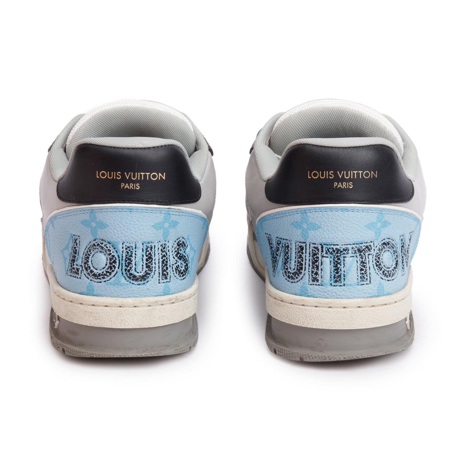 Louis Vuitton 2023 Blue Monogram Velcro Black/Grey Calfskin Leather Trainer Sneakers, Me's Size 7.5 w/ Box