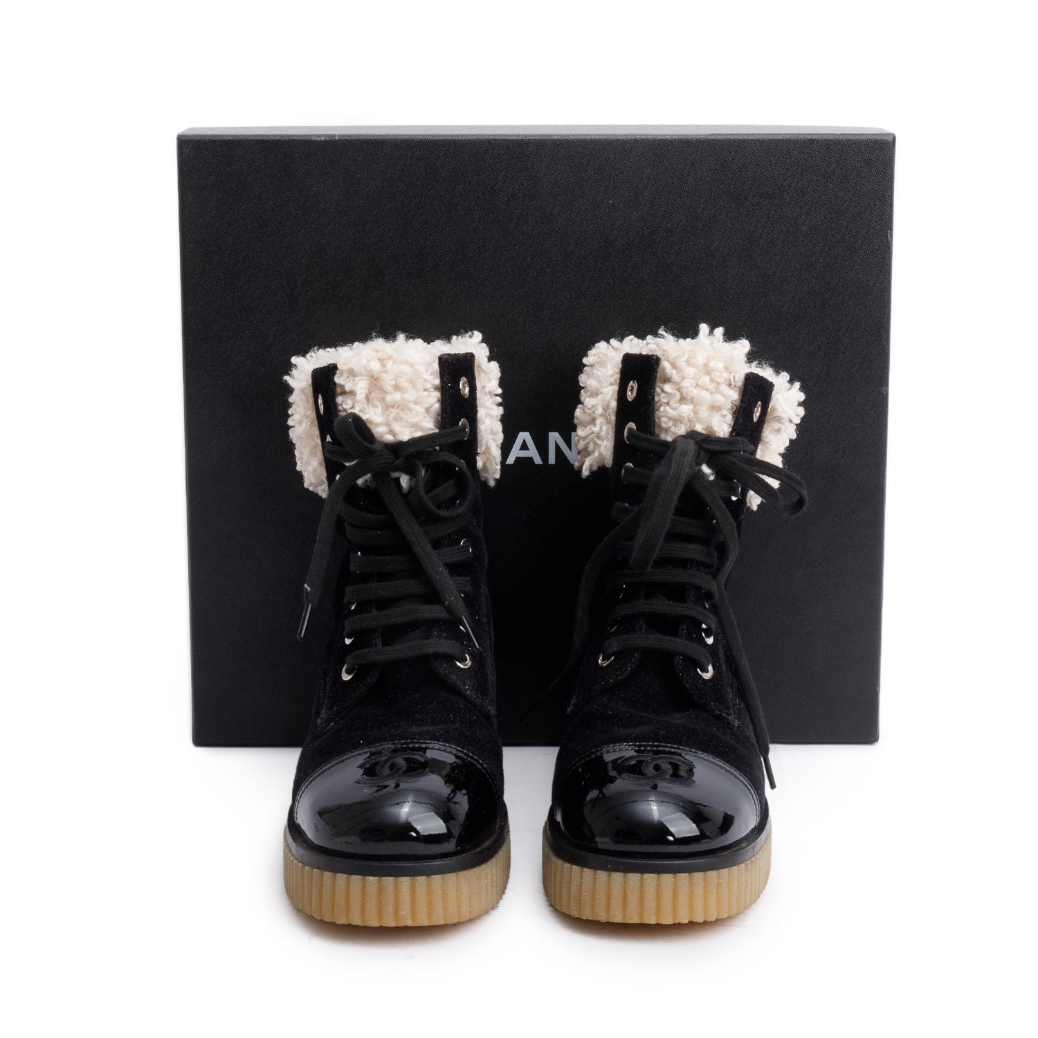 Chanel Black Patent Leather Fabric Shearling Trim Interlocking CC Logo Lace-Up Boots, Size 37 w/ Box