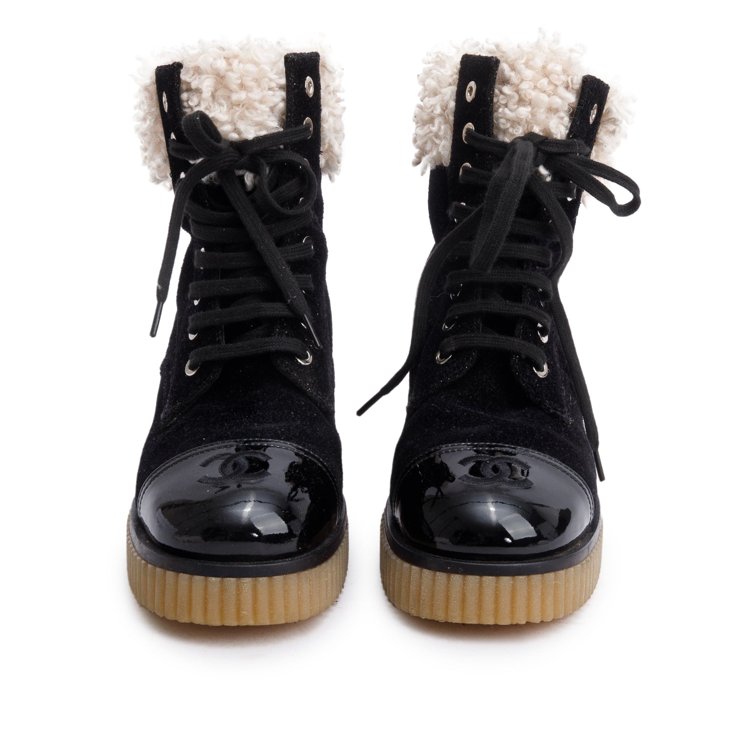 Chanel Black Patent Leather Fabric Shearling Trim Interlocking CC Logo Lace-Up Boots, Size 37 w/ Box
