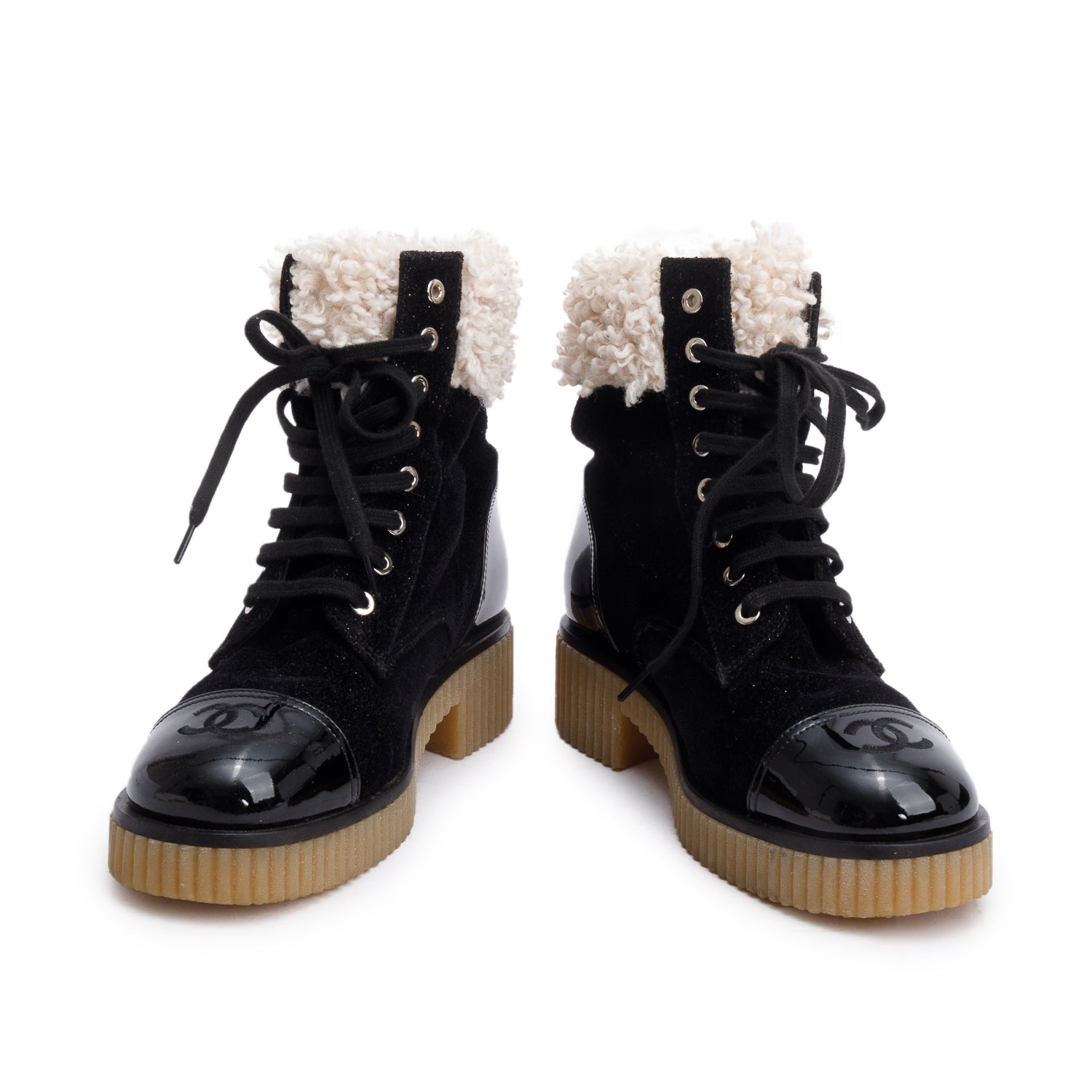Chanel Black Patent Leather Fabric Shearling Trim Interlocking CC Logo Lace-Up Boots, Size 37 w/ Box