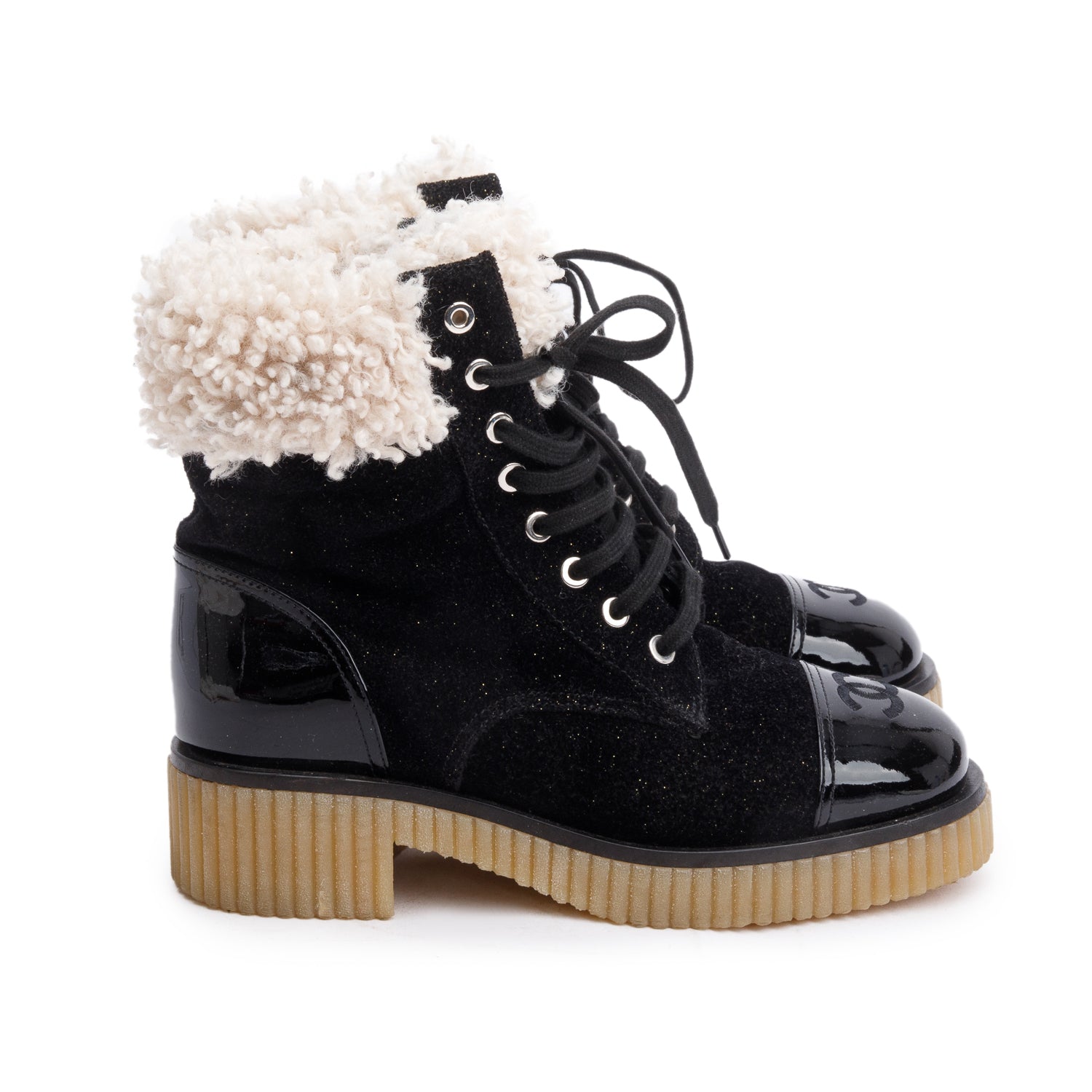Chanel Black Patent Leather Fabric Shearling Trim Interlocking CC Logo Lace-Up Boots, Size 37 w/ Box