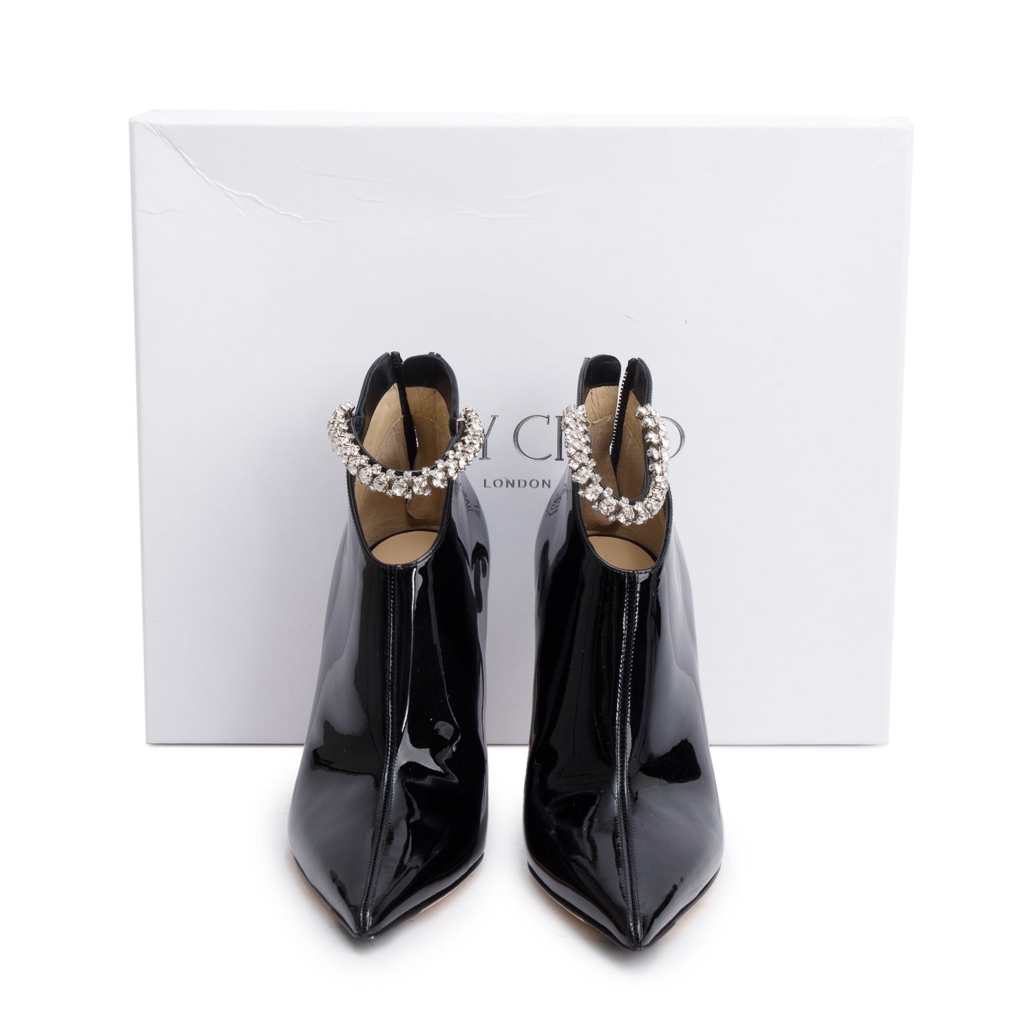 Jimmy Choo Black Patent Leather Crystal Strap Blaize 100 Booties, Size 37 w/ Box