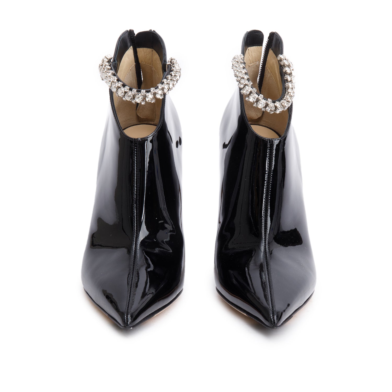 Jimmy Choo Black Patent Leather Crystal Strap Blaize 100 Booties, Size 37 w/ Box