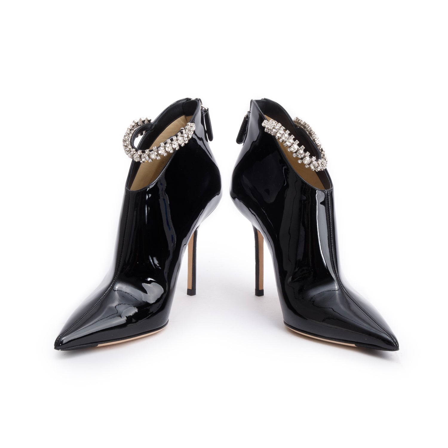 Jimmy Choo Black Patent Leather Crystal Strap Blaize 100 Booties, Size 37 w/ Box
