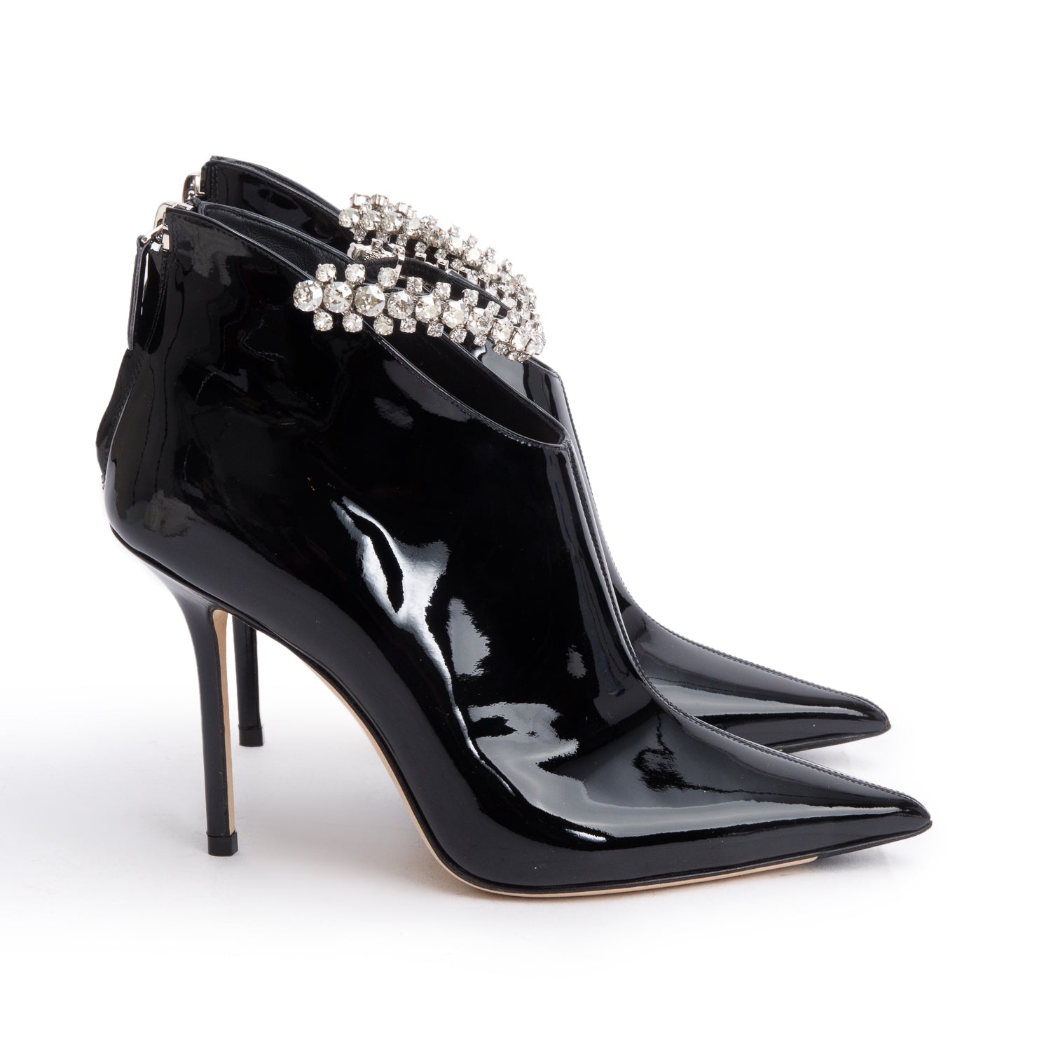 Jimmy Choo Black Patent Leather Crystal Strap Blaize 100 Booties, Size 37 w/ Box