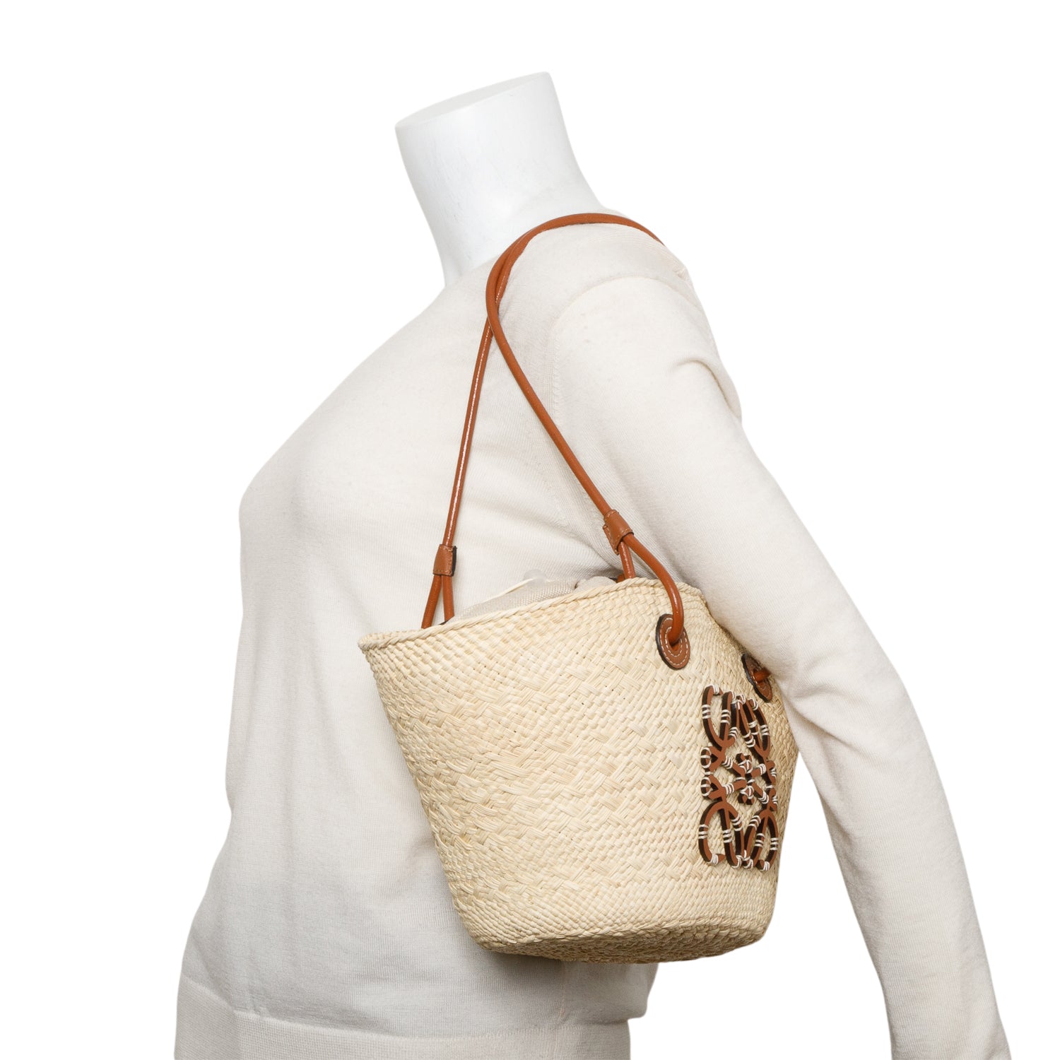 Loewe Neutral Iraca Palm Tan Leather Small Basket Bag