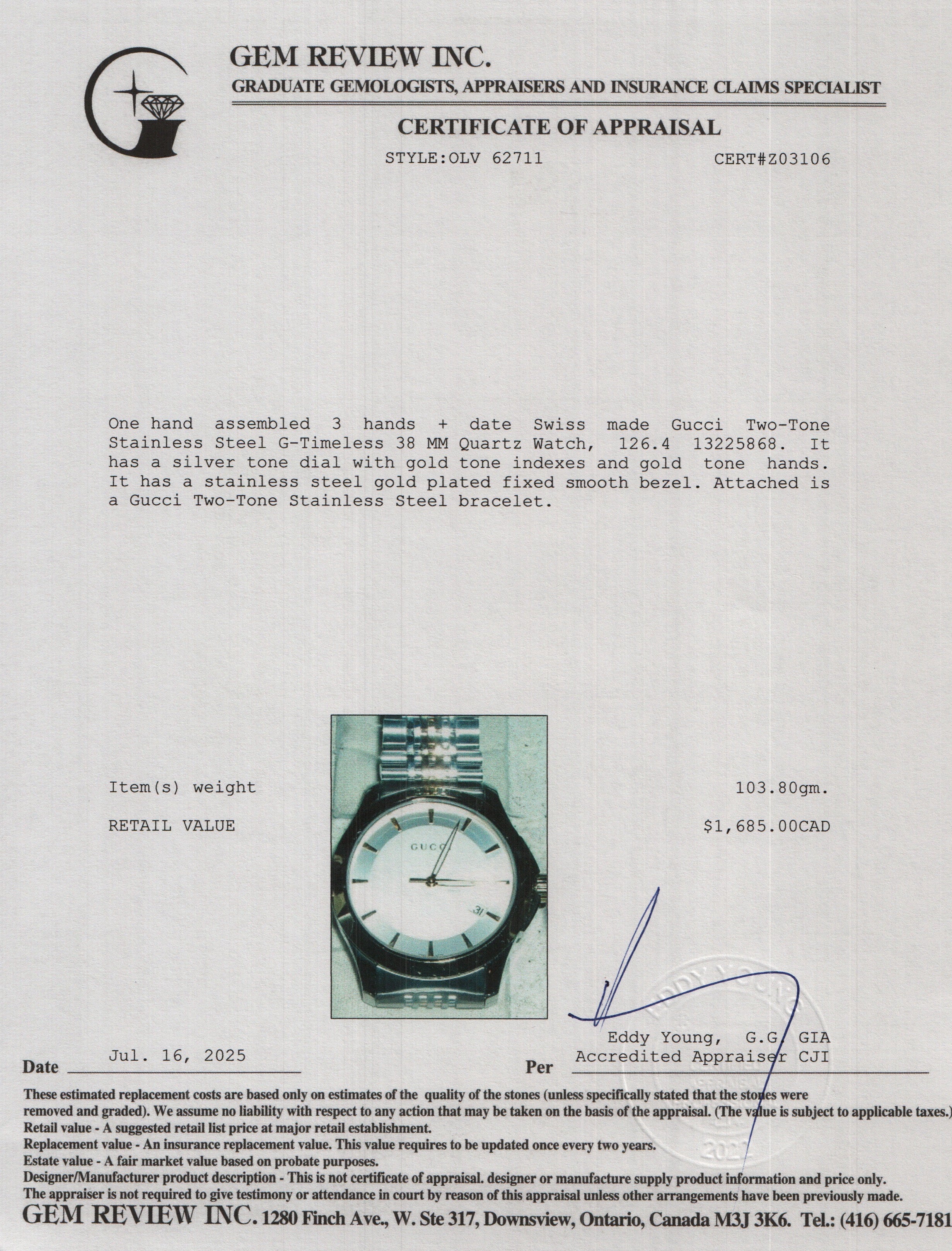 Gucci Two-Tone Stainless Steel G-Timeless 38 MM Quartz Watch YA126409 w/ Box