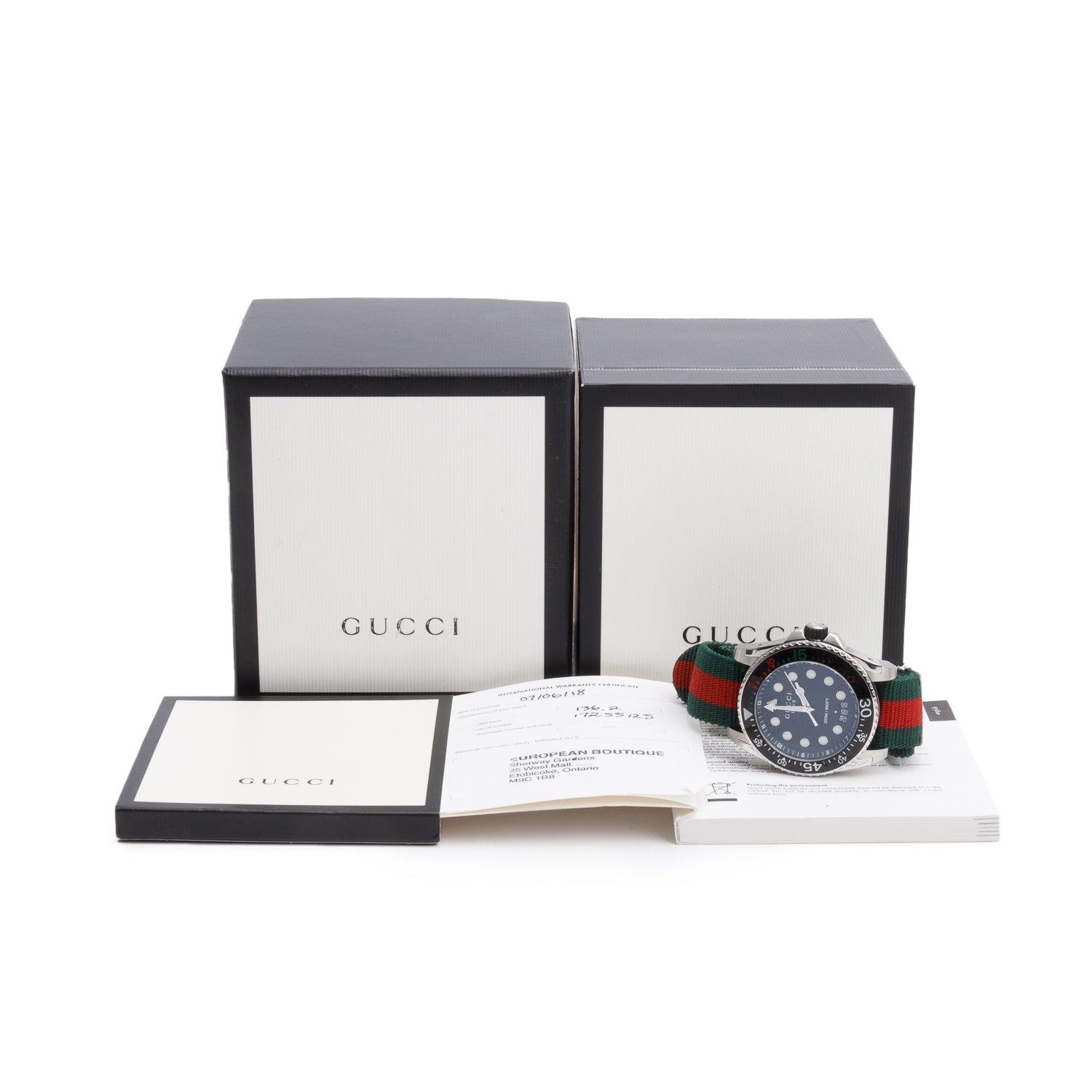 Gucci Stainless Steel Dive 45 MM Quartz Watch Green & Red Web Nylon Band w/ Box & Papers YA136209