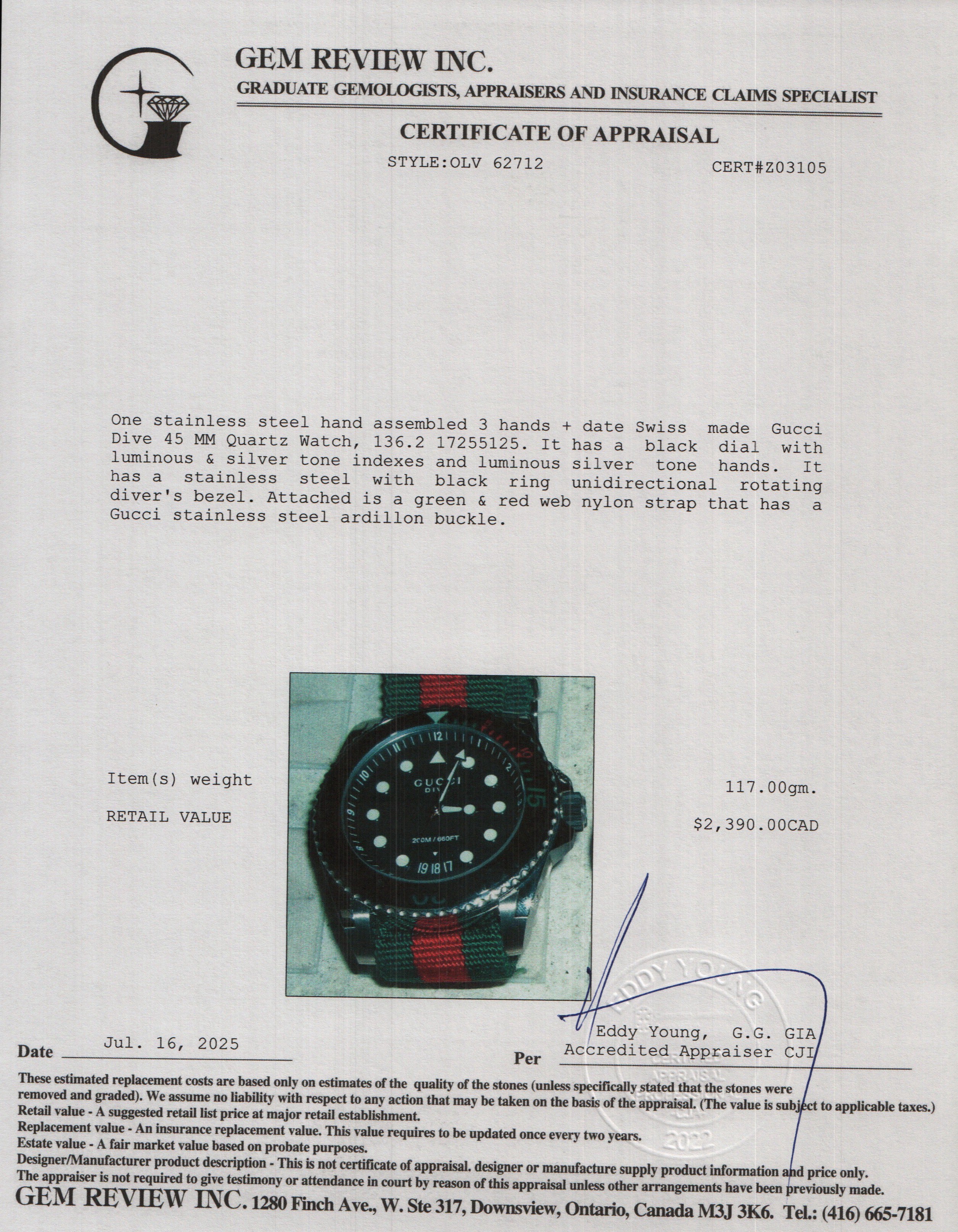 Gucci Stainless Steel Dive 45 MM Quartz Watch Green & Red Web Nylon Band w/ Box & Papers YA136209