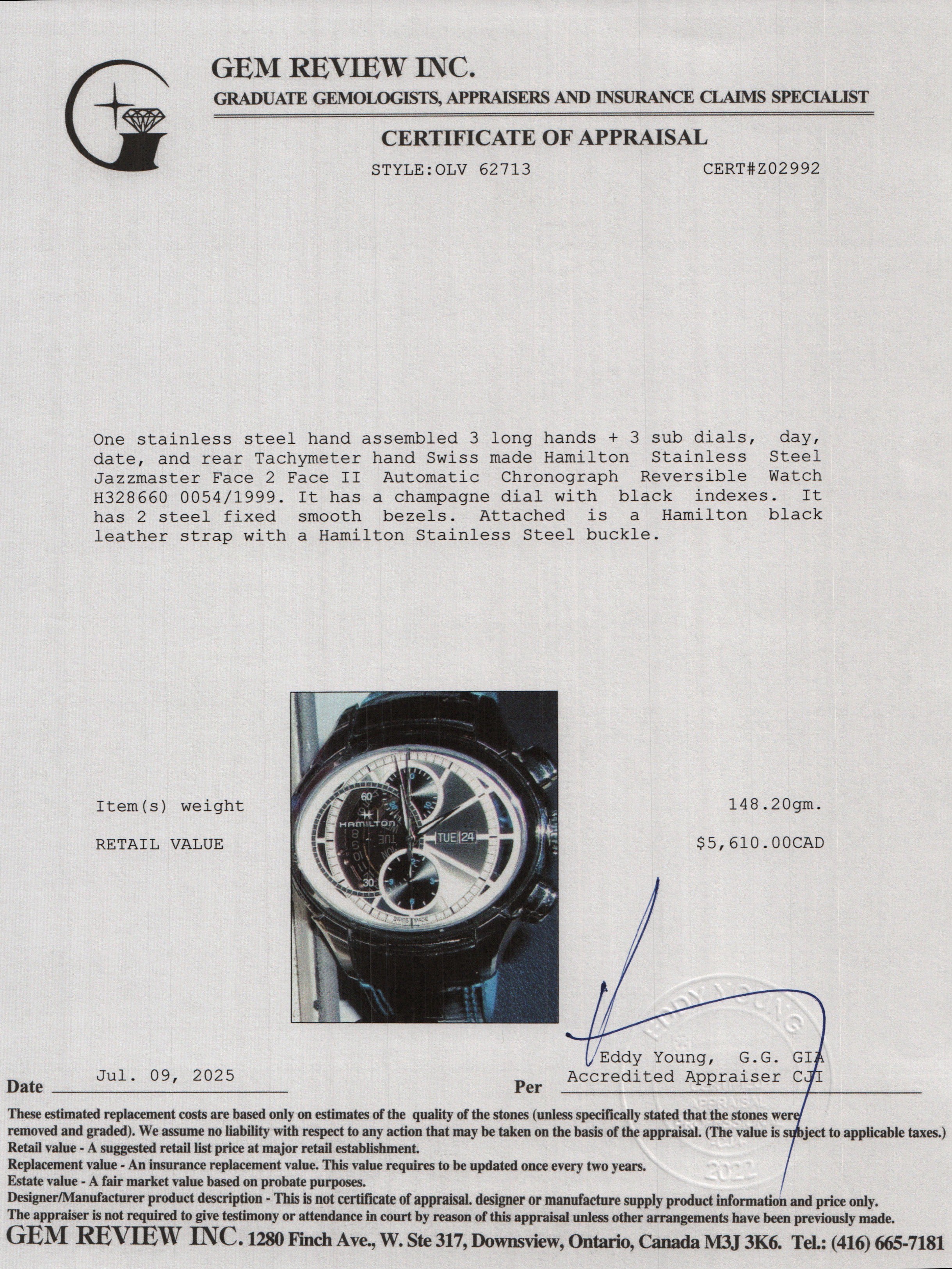 Hamilton Stainless Steel Jazzmaster Face 2 Face II Automatic Chronograph Watch H32866781 w/ Box & Papers