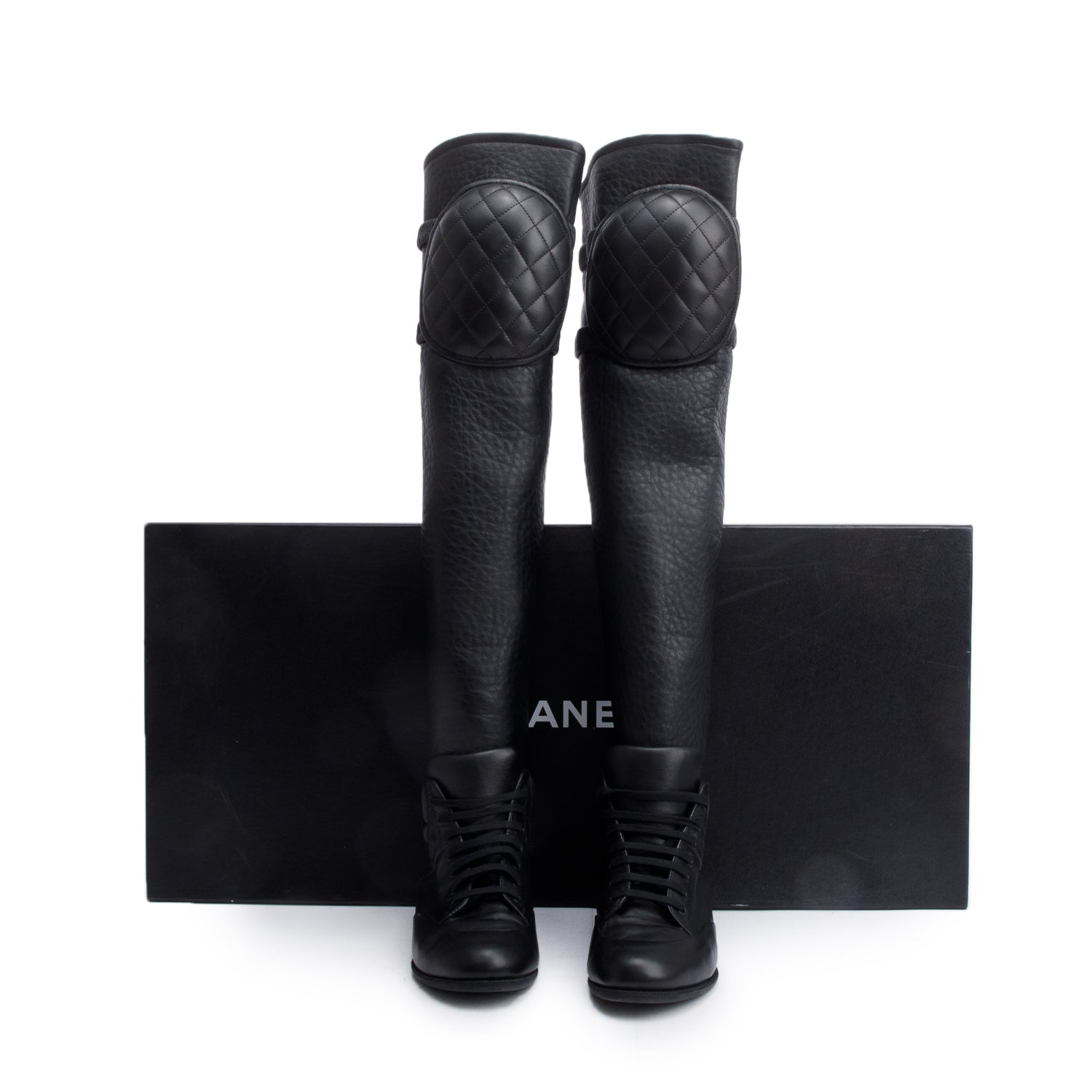 Chanel Black Leather Quilted CC Logo Knee High Sneaker Boots, Size 37 w/ Box