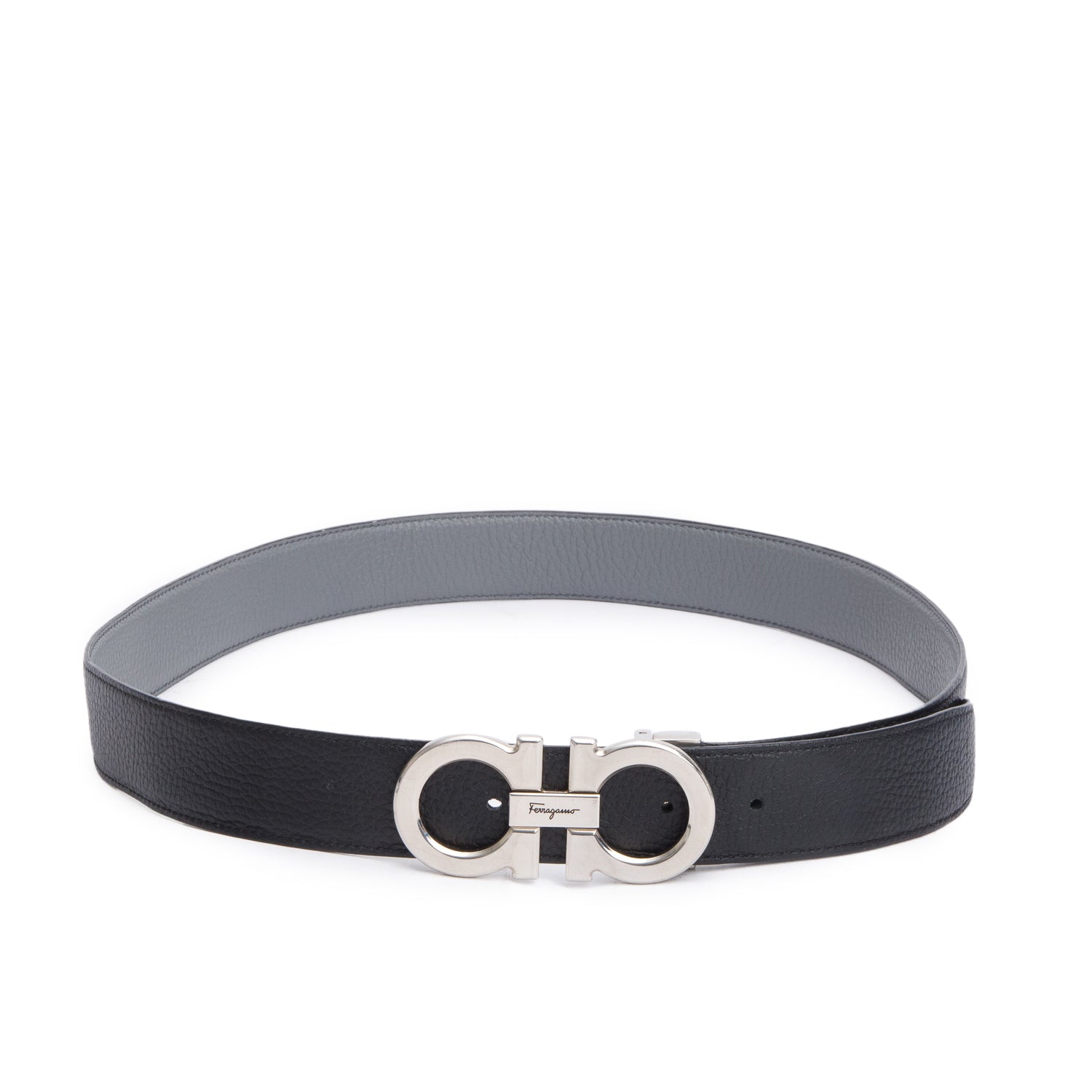 Ferragamo Black/Grey Leather Reversible and Adjustable Gancini Belt