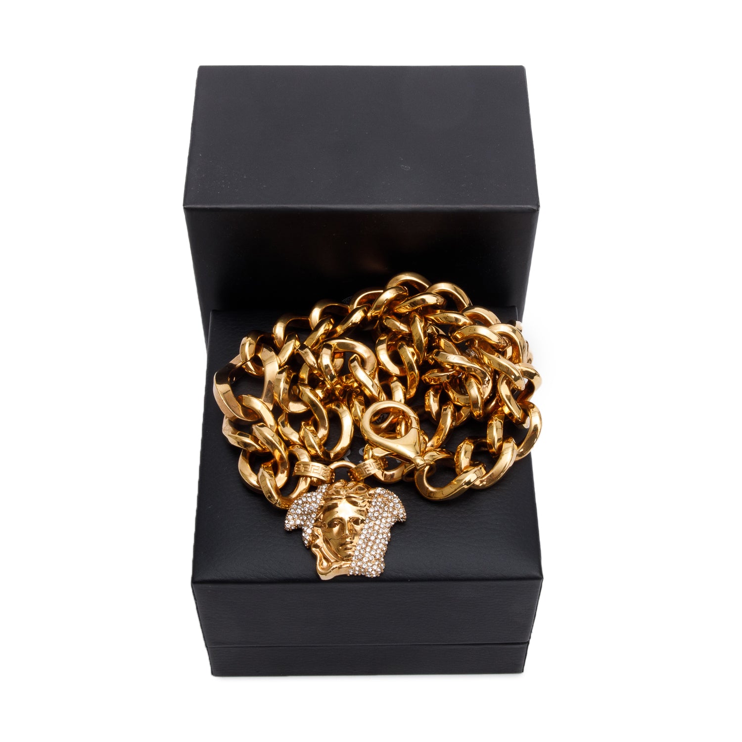 Versace Gold Plated Crystal Medusa Thick Chain Pendant Necklace w/ Box