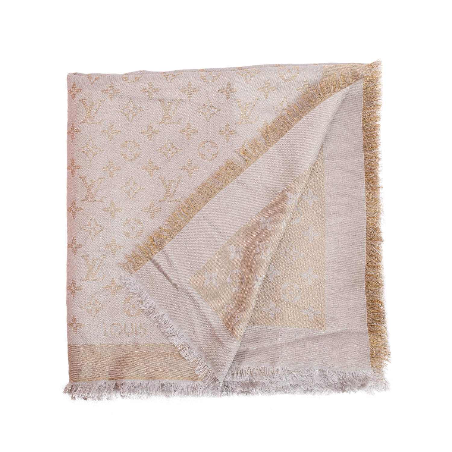 Louis Vuitton Silver/Gold Monogram Wool Shine Shawl Scarf w/ Box & Receipt