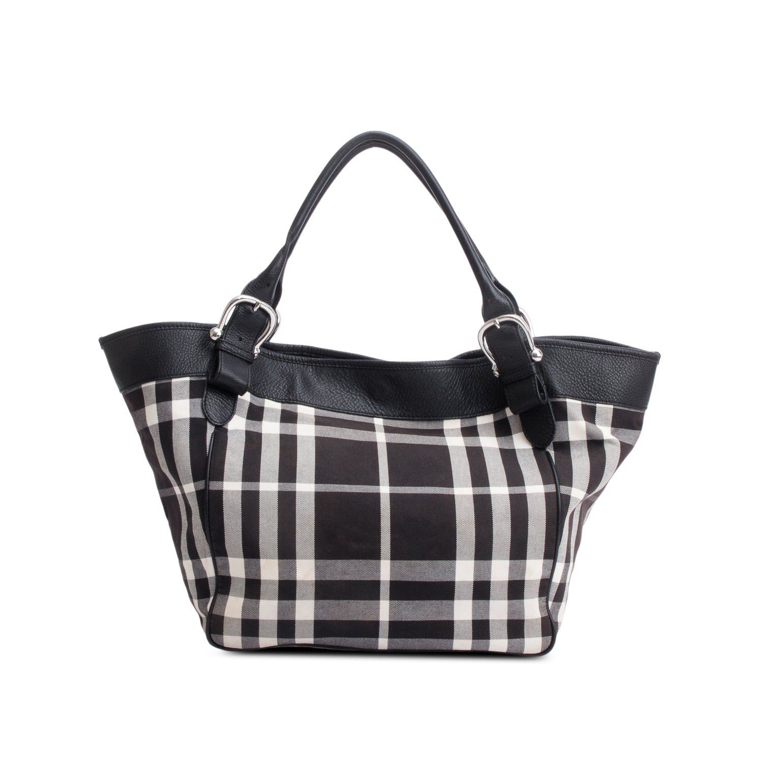 Burberry Black & White Beat Check Canvas Leather Trimmed Beach Tote Bag