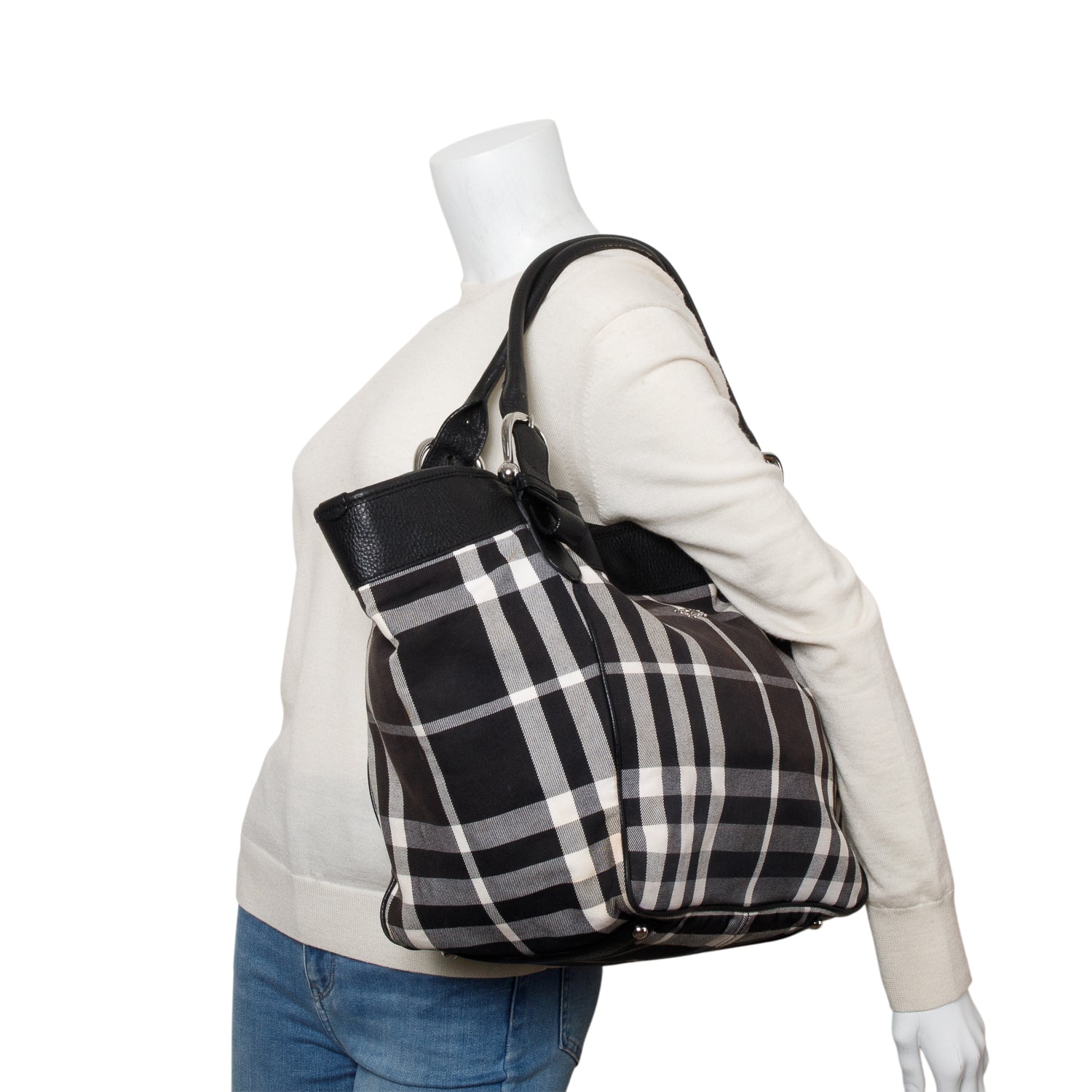 Burberry Black & White Beat Check Canvas Leather Trimmed Beach Tote Bag