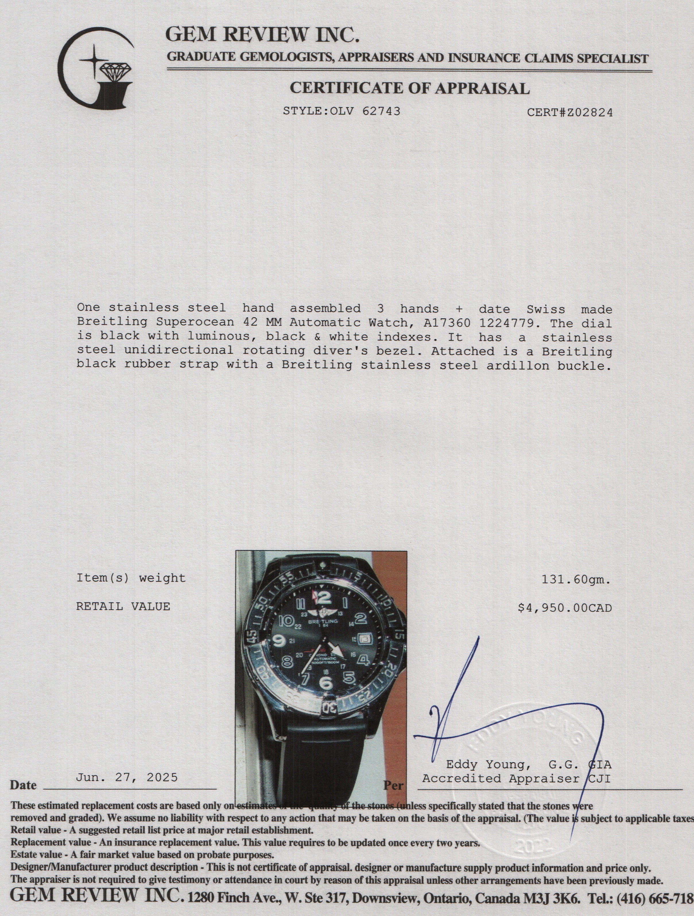 Breitling Stainless Steel Superocean 42 MM Automatic Watch Black Dial A17360