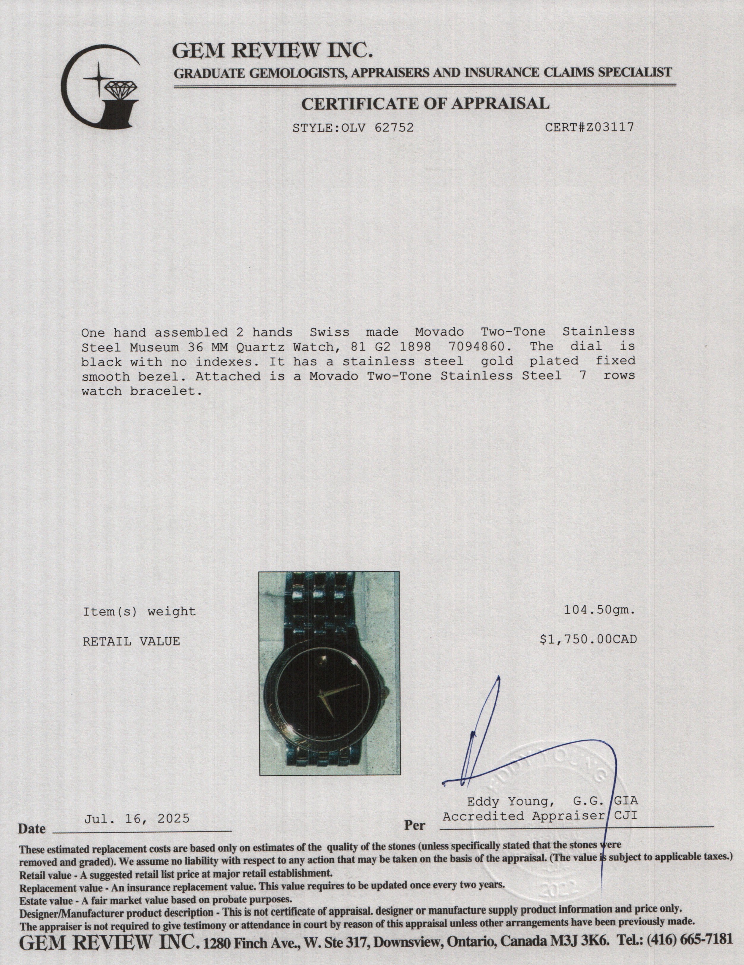 Movado Two-Tone Stainless Steel Museum 36 MM Quartz Watch Black Dial w/ Box & Papers