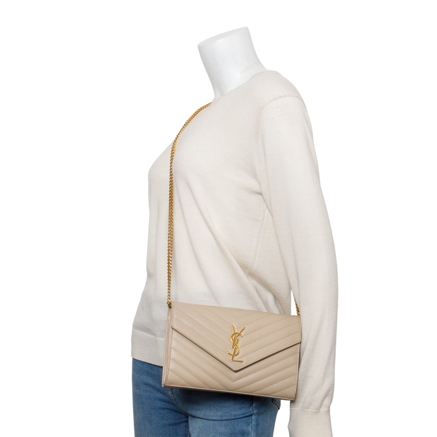 Saint Laurent Neutral Grain De Poudre Leather Cassandre Envelope Chain Wallet