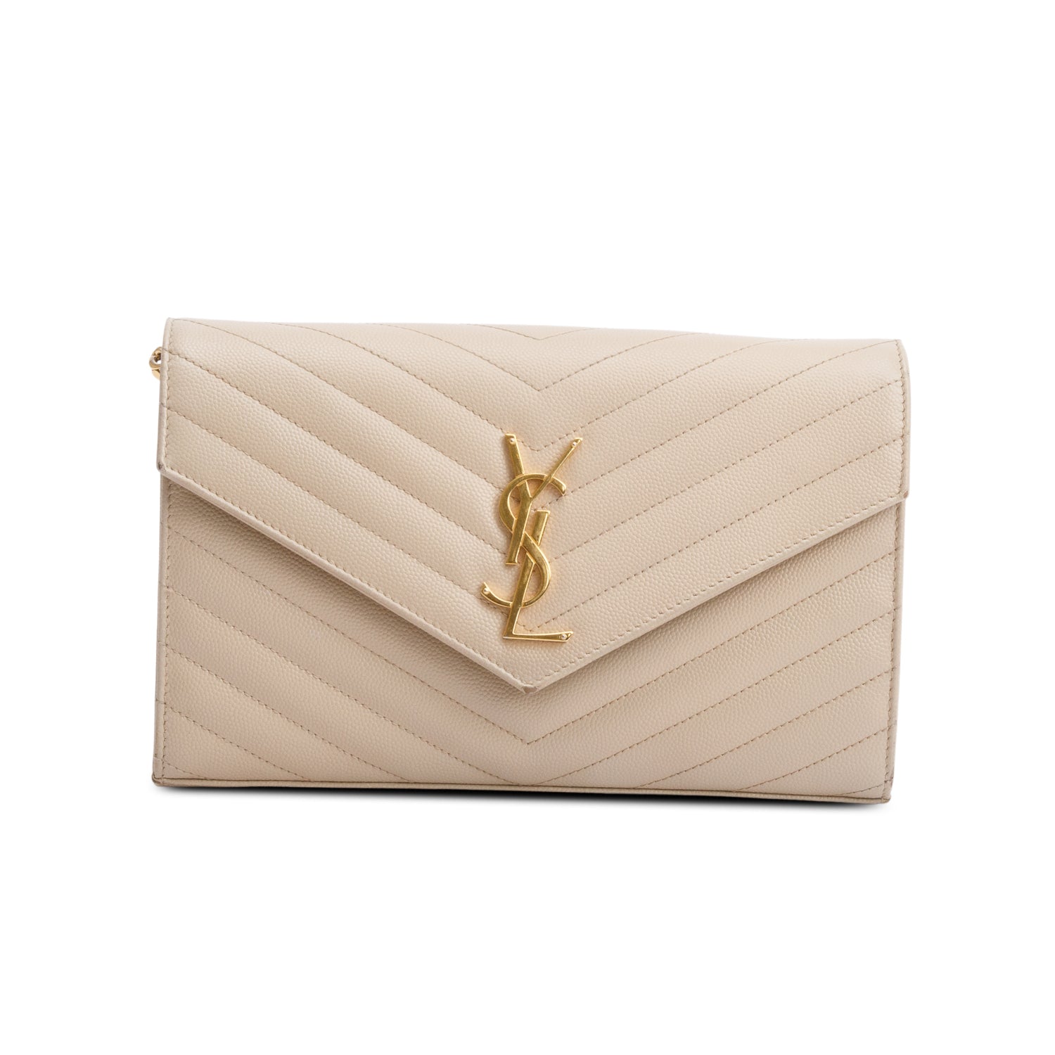 Saint Laurent Neutral Grain De Poudre Leather Cassandre Envelope Chain Wallet