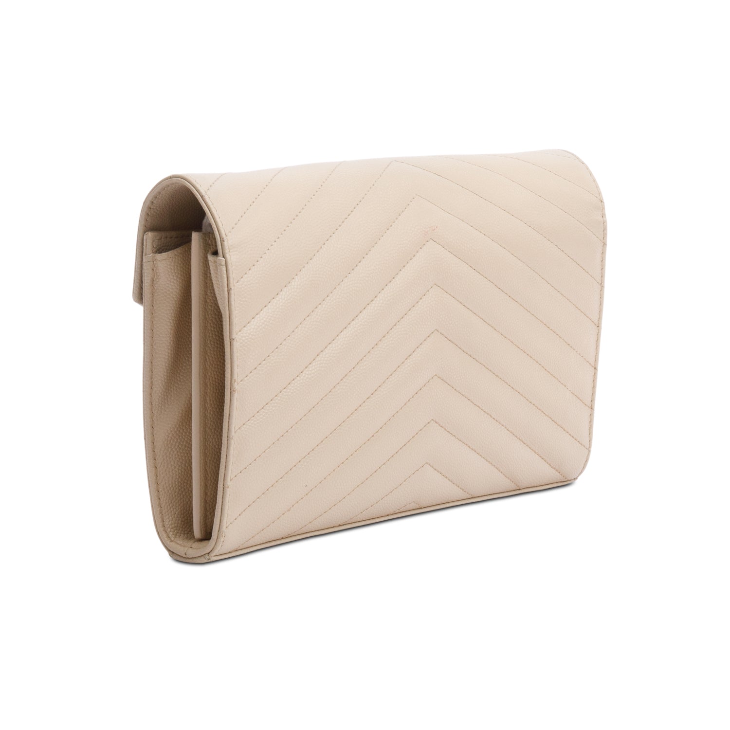 Saint Laurent Neutral Grain De Poudre Leather Cassandre Envelope Chain Wallet
