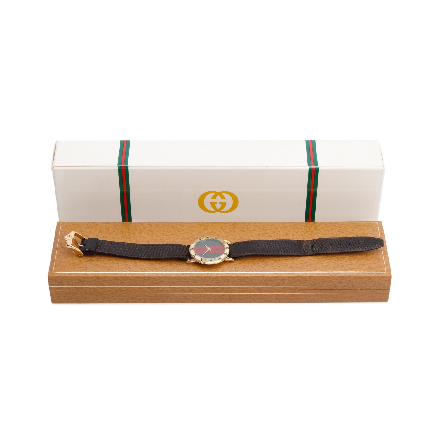 Gucci Gold Plated Stainless Steel 3100 Series 29 MM Quartz Watch Green & Red Dial w/ Box