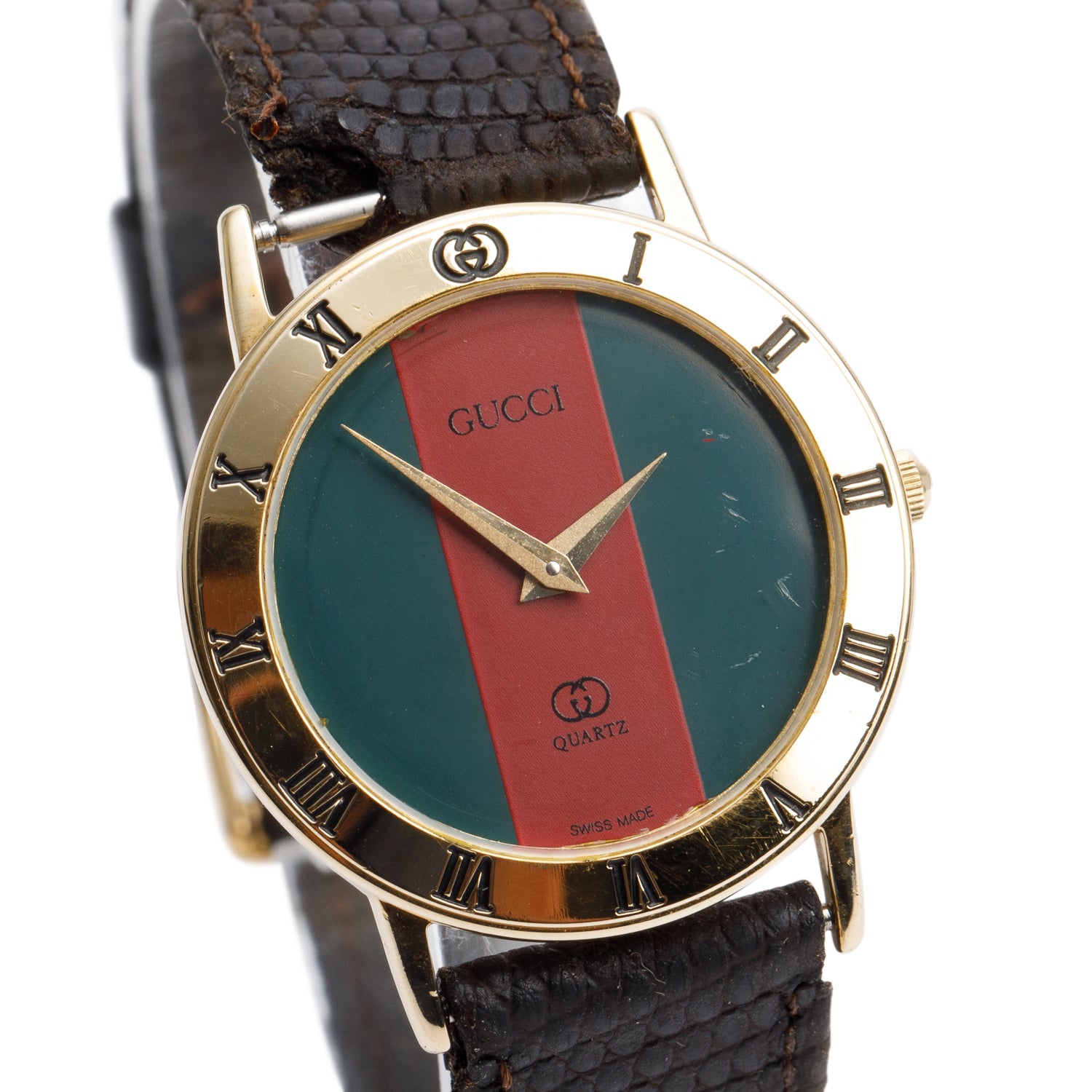 Gucci Gold Plated Stainless Steel 3100 Series 29 MM Quartz Watch Green & Red Dial w/ Box