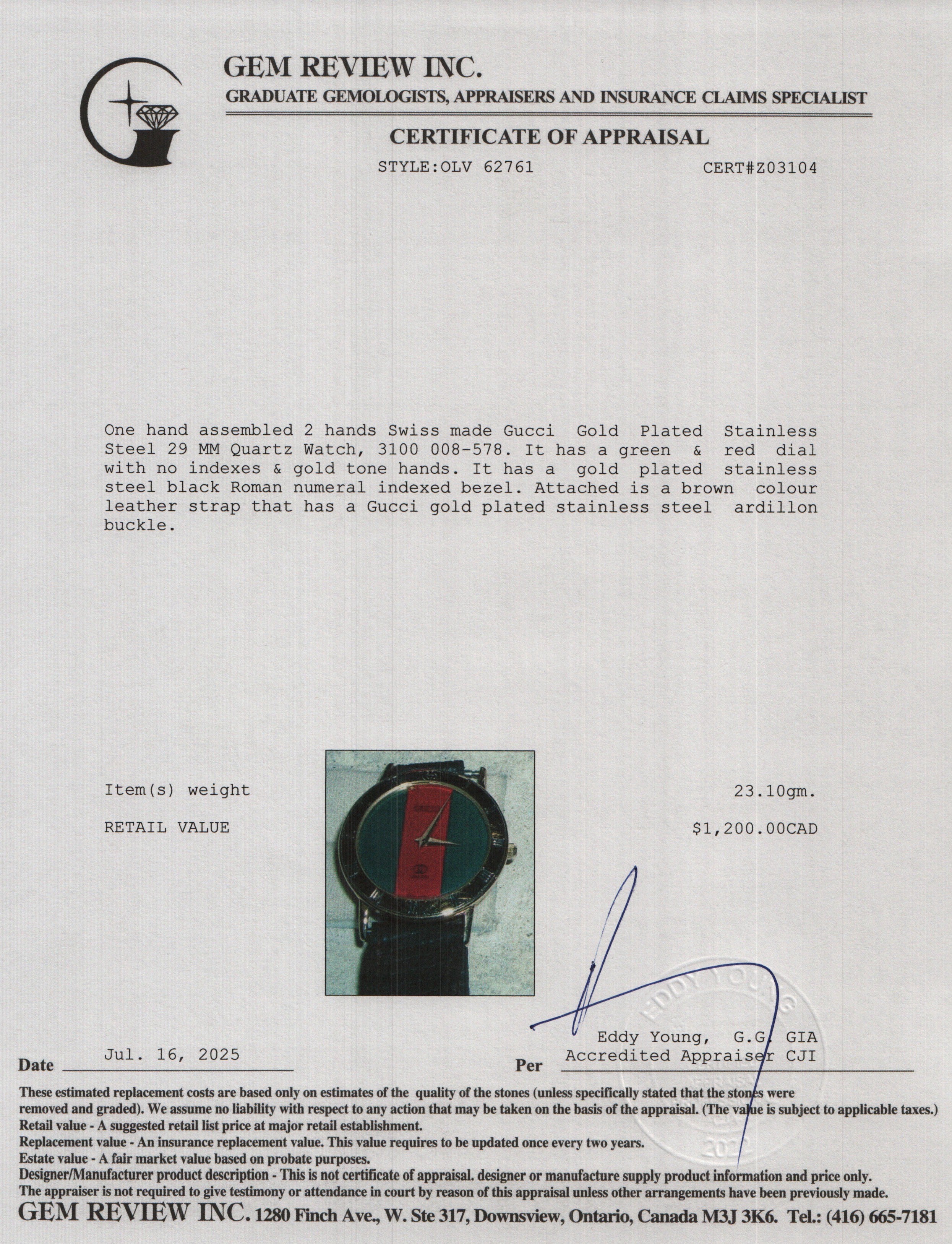 Gucci Gold Plated Stainless Steel 3100 Series 29 MM Quartz Watch Green & Red Dial w/ Box