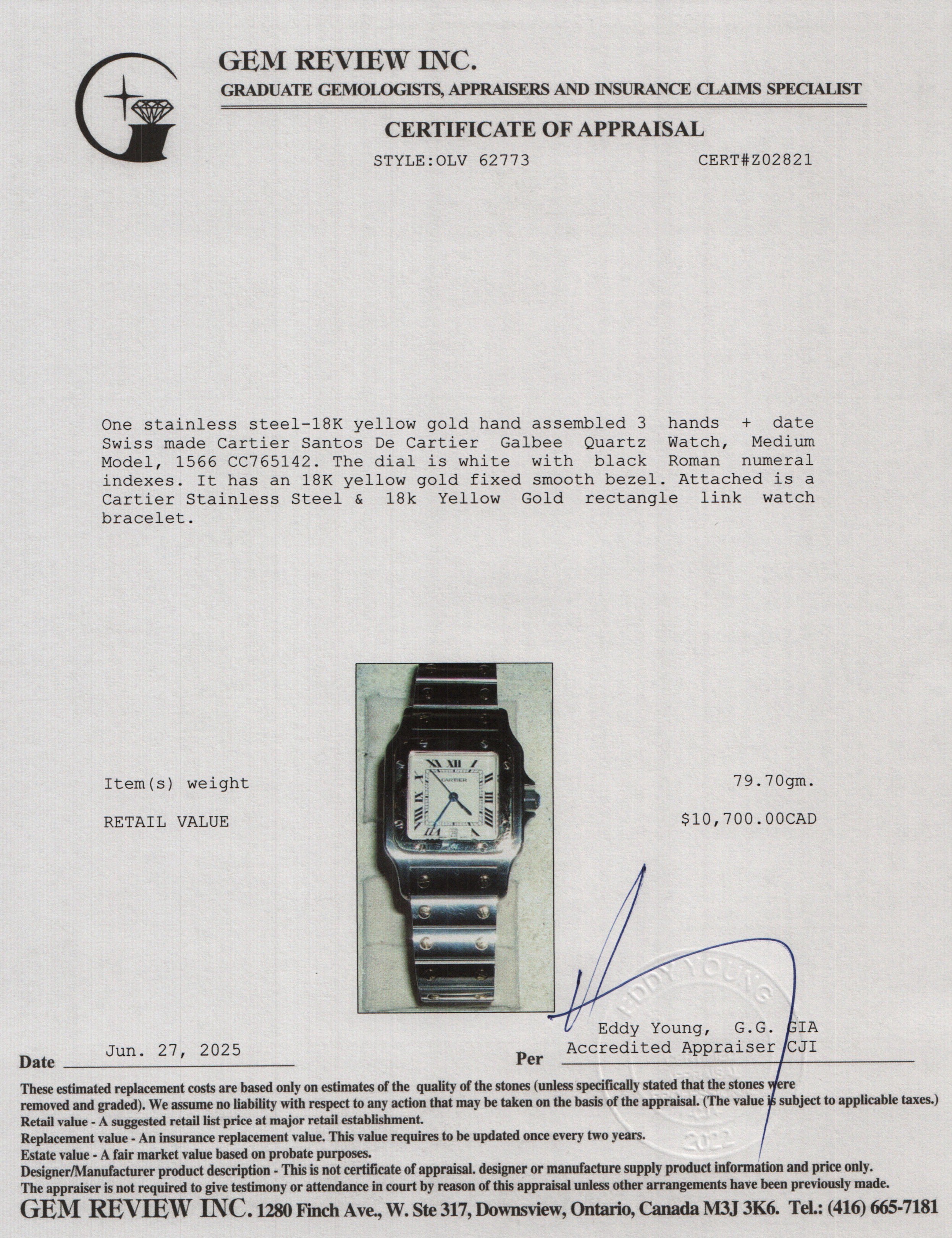 Cartier Stainless Steel & 18k Yellow Gold Santos De Cartier Galbee Quartz Watch, Medium Model 1566 w/ Box & Papers