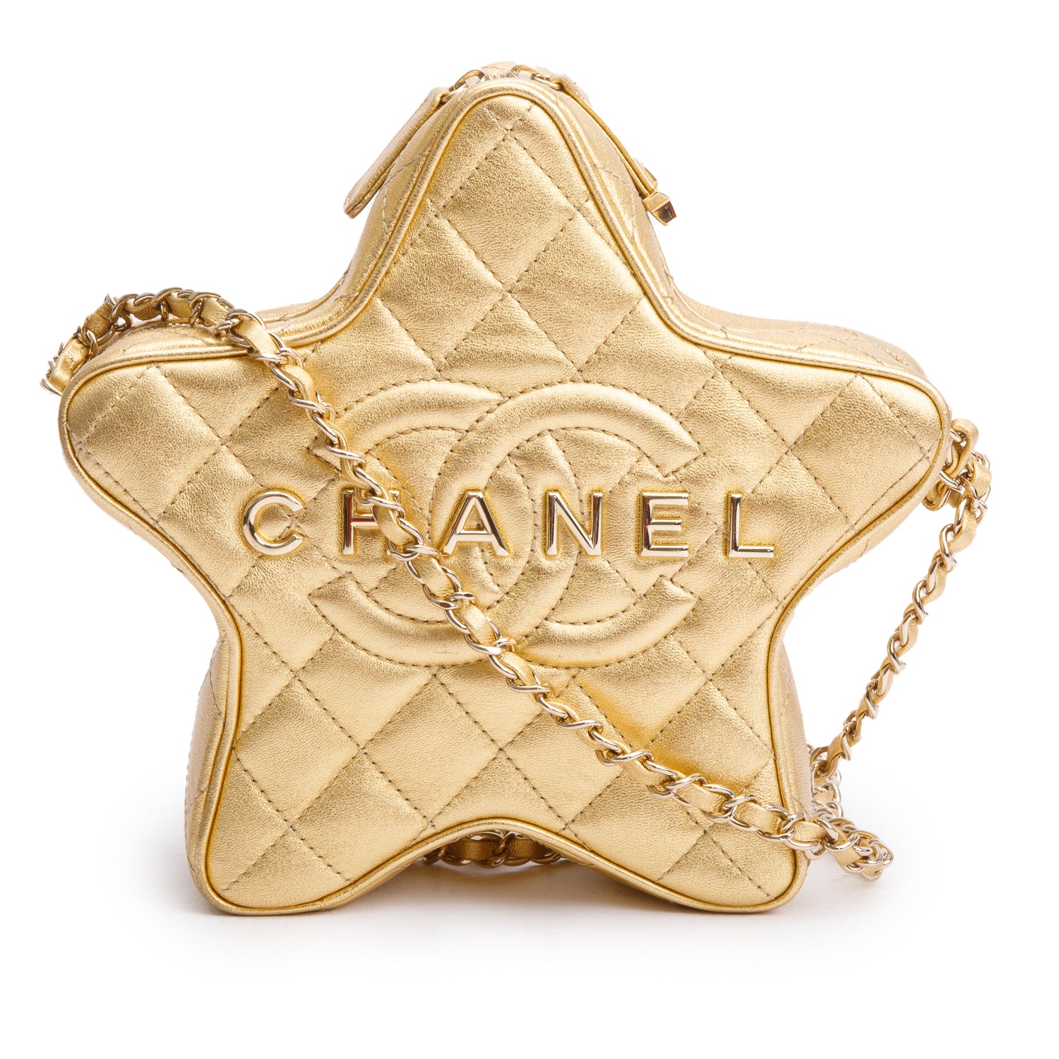 Chanel 2024 Metallic Gold Leather Walk Of Fame Star Crossbody Bag w/ Box
