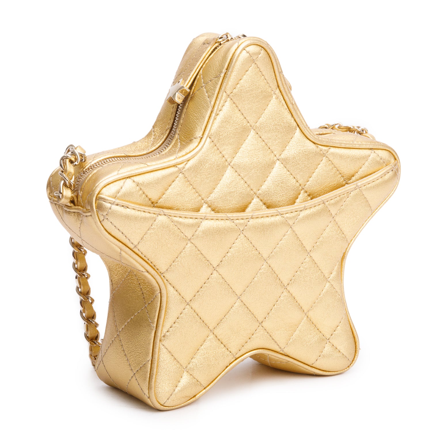 Chanel 2024 Metallic Gold Leather Walk Of Fame Star Crossbody Bag w/ Box