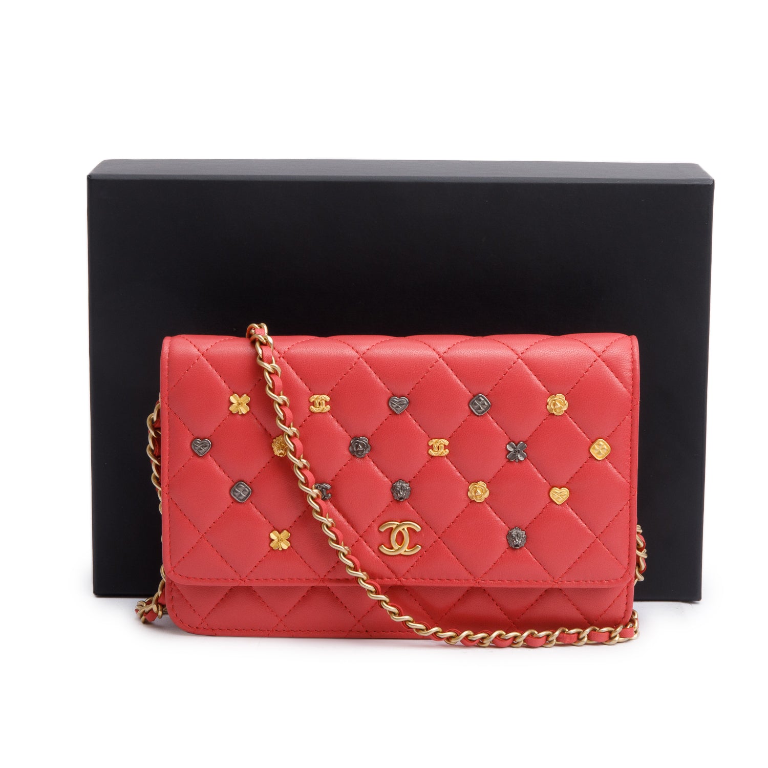 Chanel Pink Quilted Lambskin Leather 18k Lucky Charms Wallet on Chain w/ Box